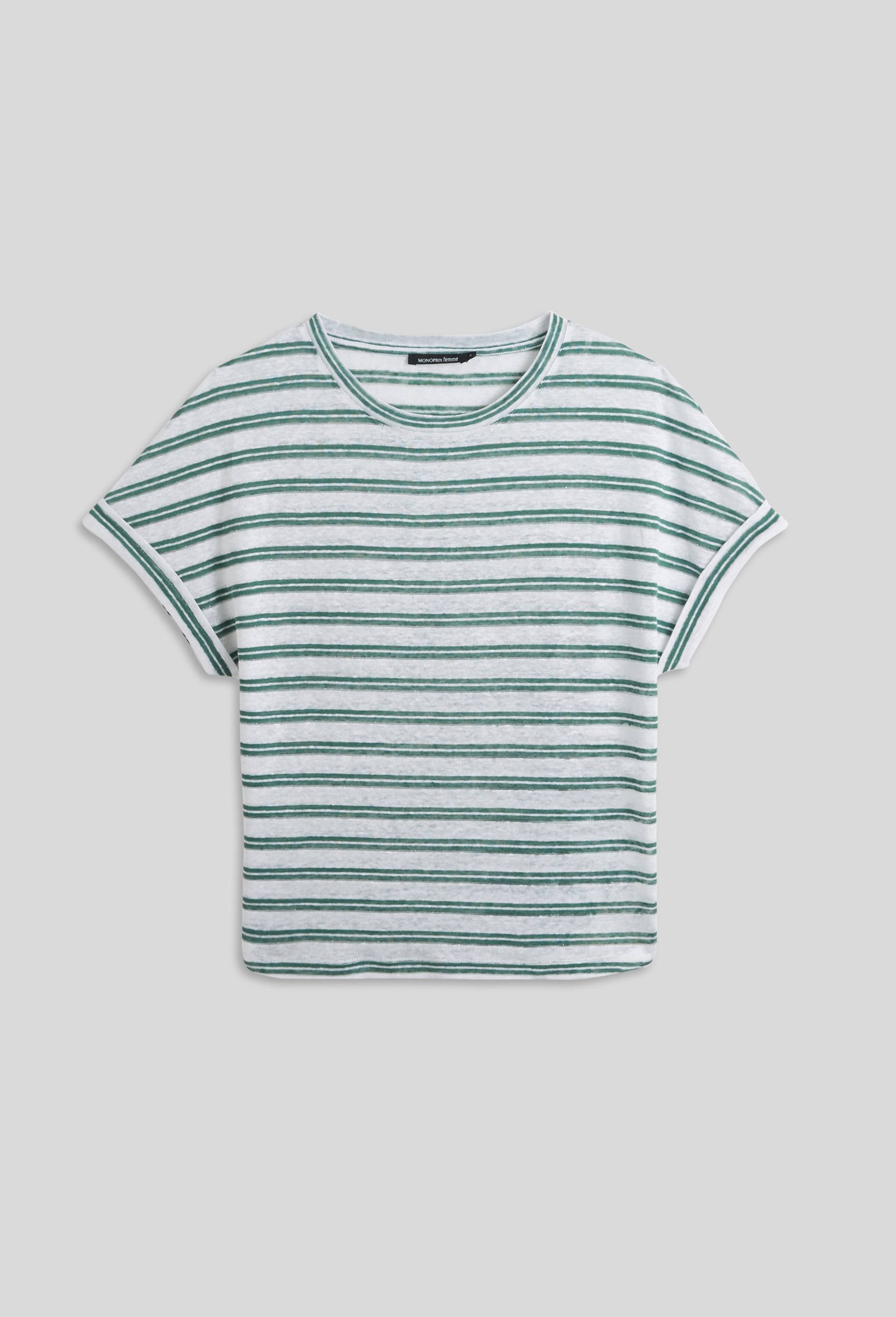 Tee shirt rayé en lin, Vert, large image number 2