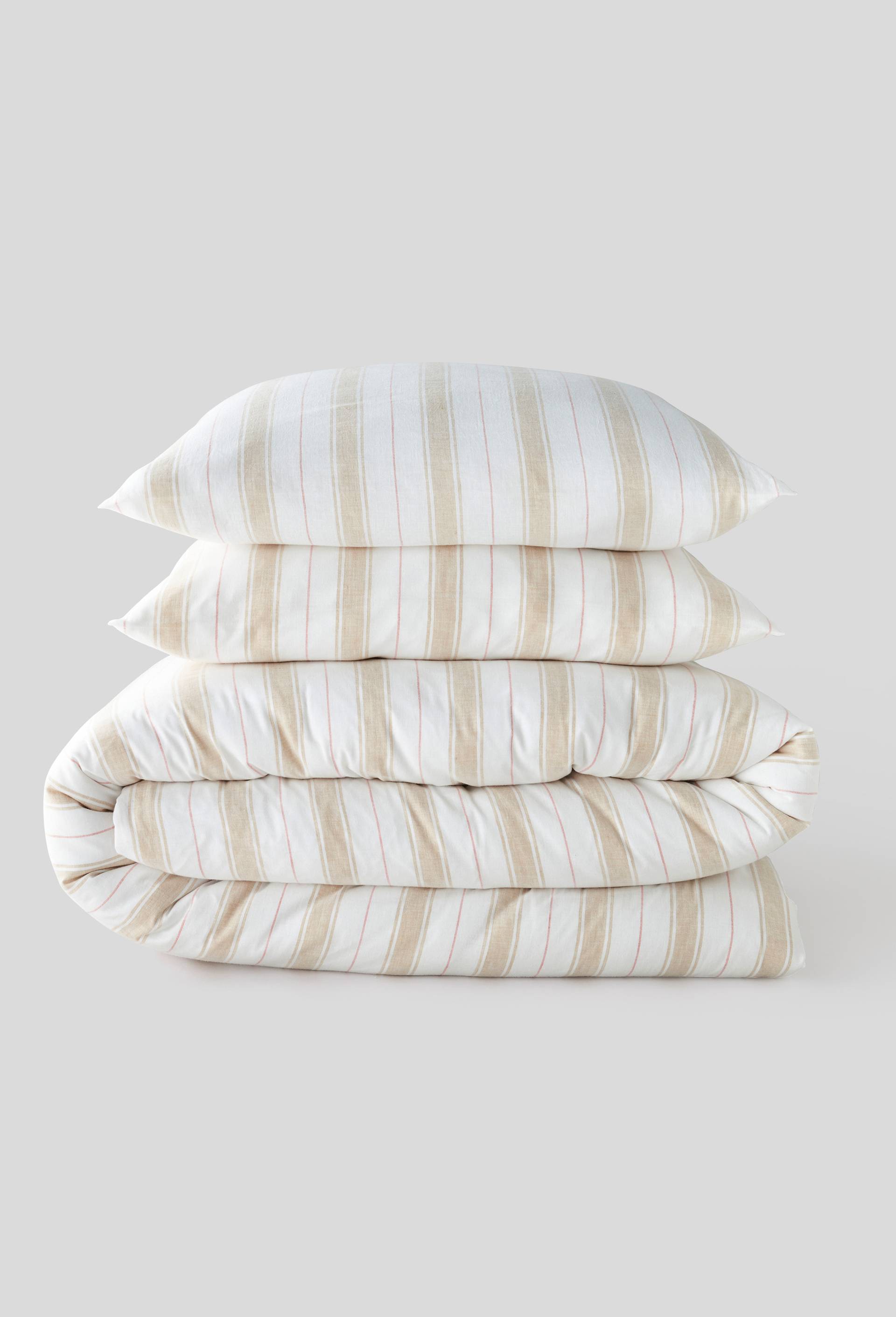 1 housse de couette 240cm, 2 taies d oreiller carr&eacute;es ray&eacute;es, Beige, large image number 0