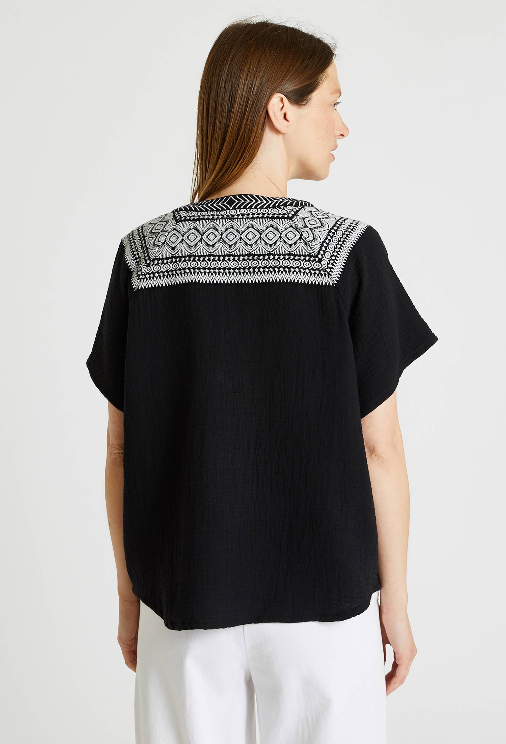 Top manches courtes en coton et broderie, Noir, large image number 1.0
