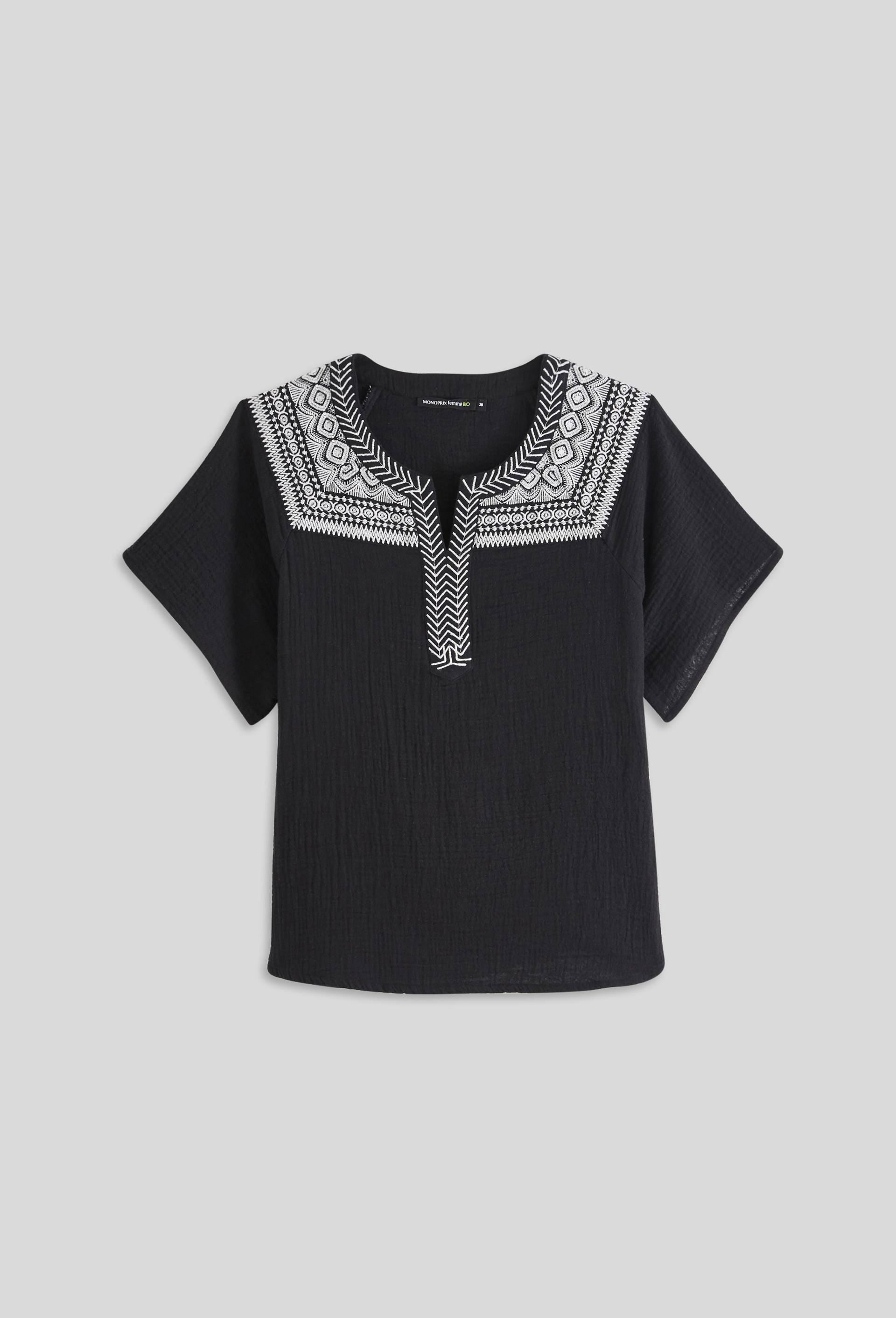 Top manches courtes en coton et broderie, Noir, large image number 2
