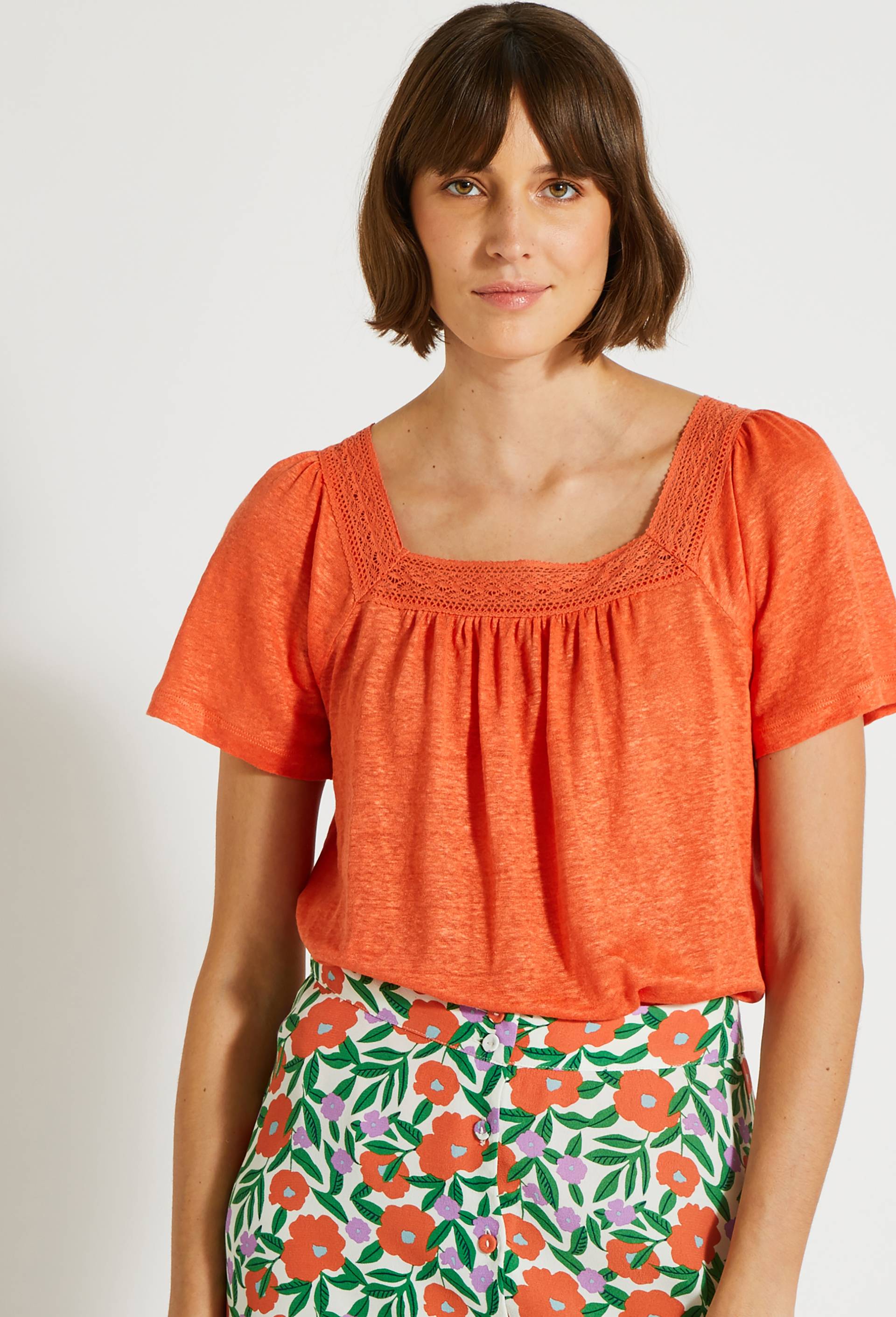 T-SHIRT EN LIN AVEC DENTELLE, Orange clair, large image number 0
