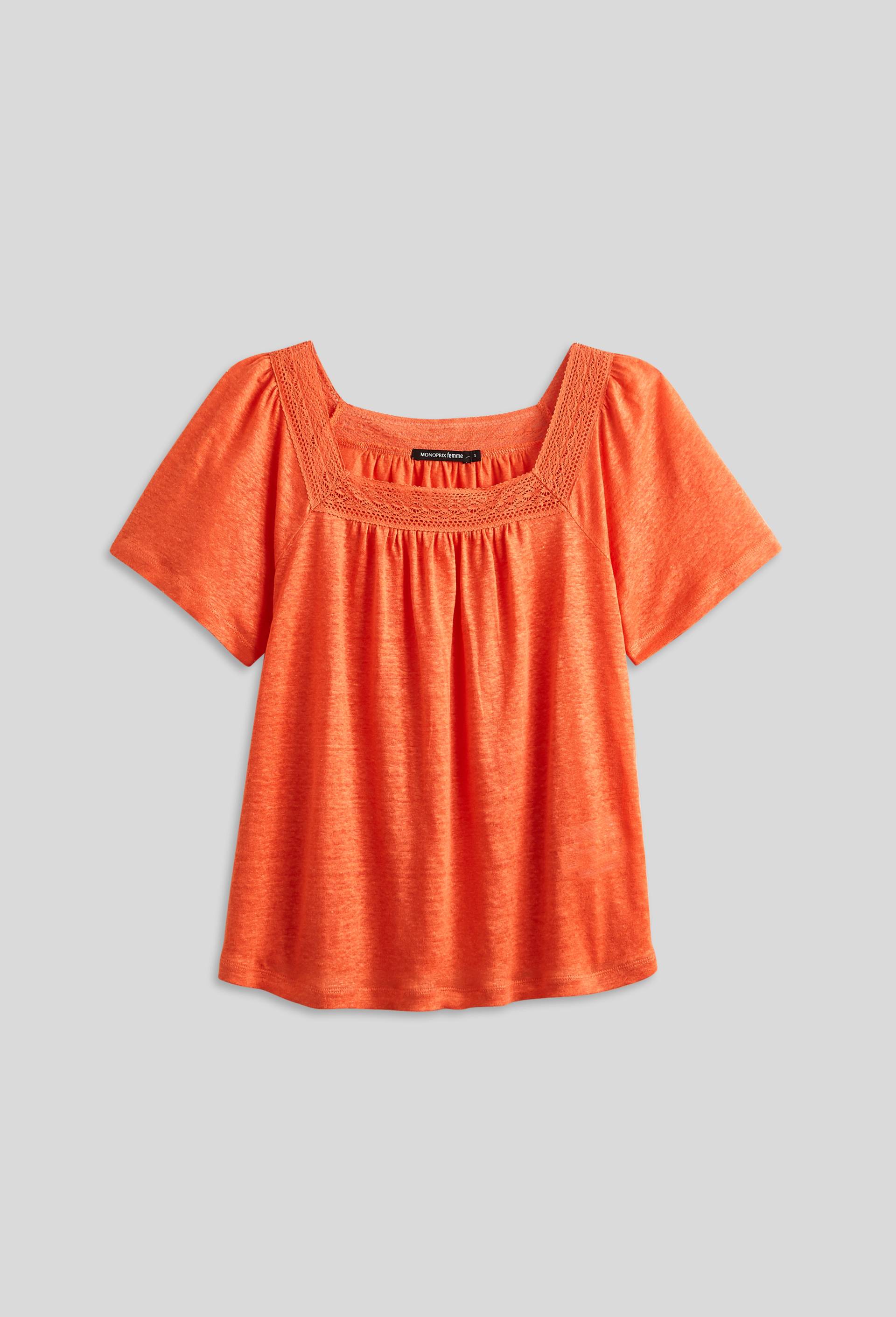 T-SHIRT EN LIN AVEC DENTELLE, Orange clair, large image number 2