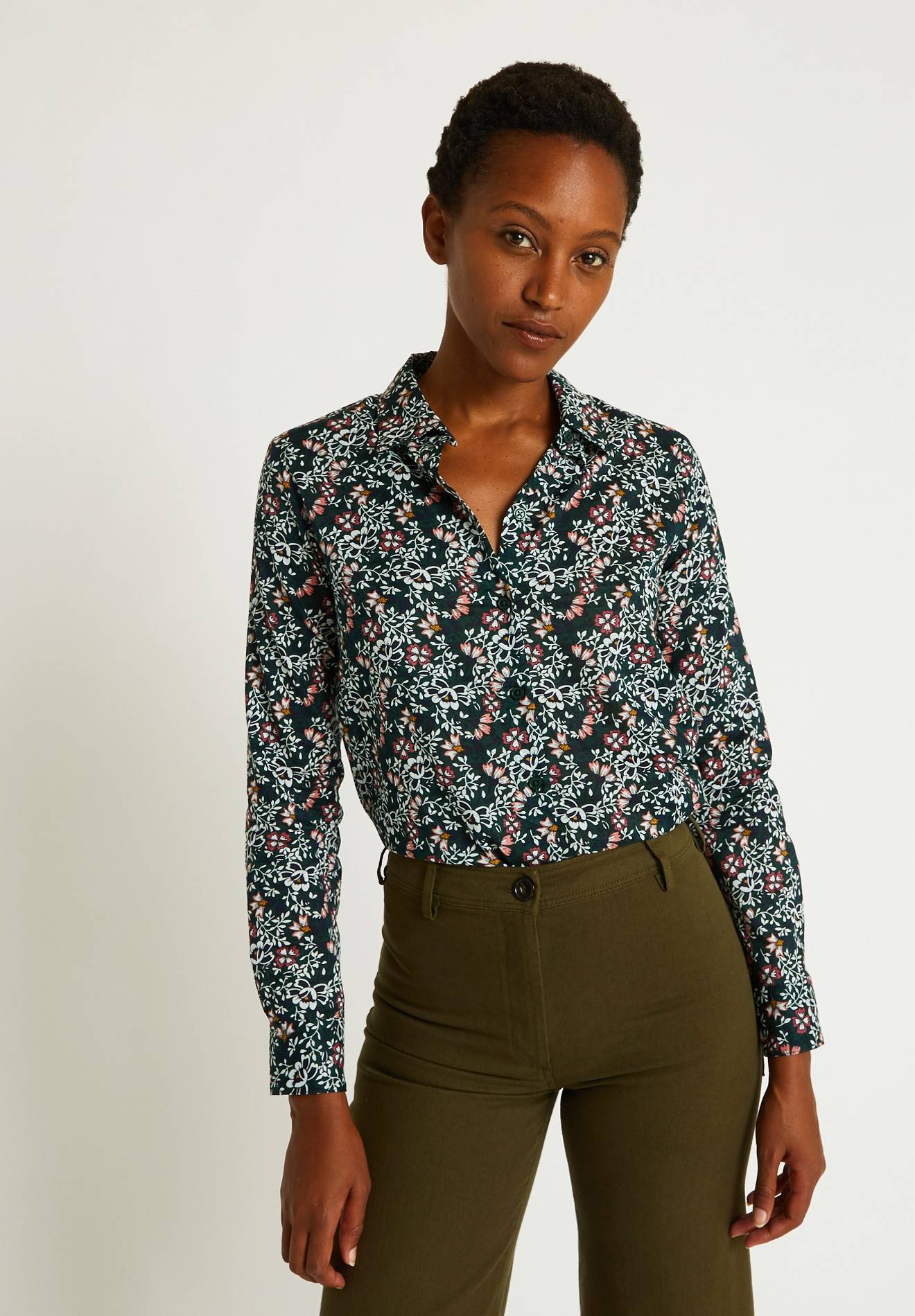 Chemise en manches longues en coton bio, imprimée, Vert foncé, large image number 3.0