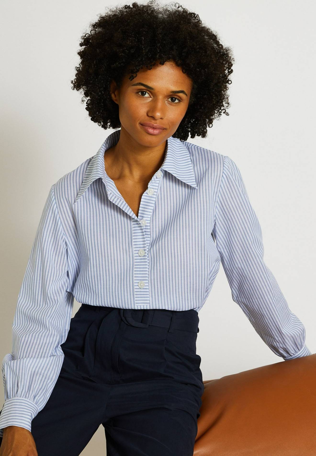 Blouse manches longues à rayures en coton, Bleu, large image number 3