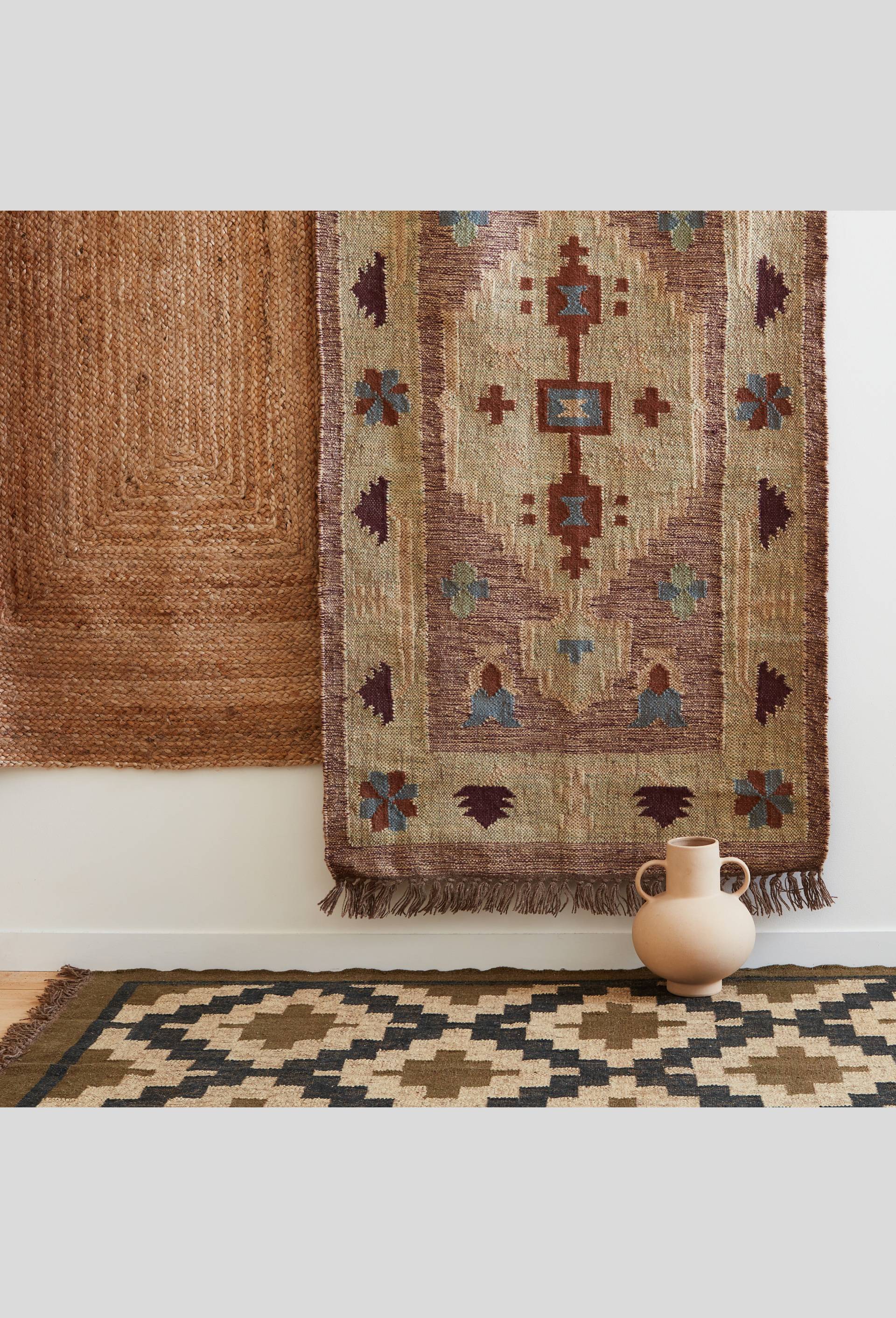 Tapis rectangulaire rougé foncé, motif géométrique, 90x160cm, 80% jute et 20% laine, Rouge foncé, large image number 2