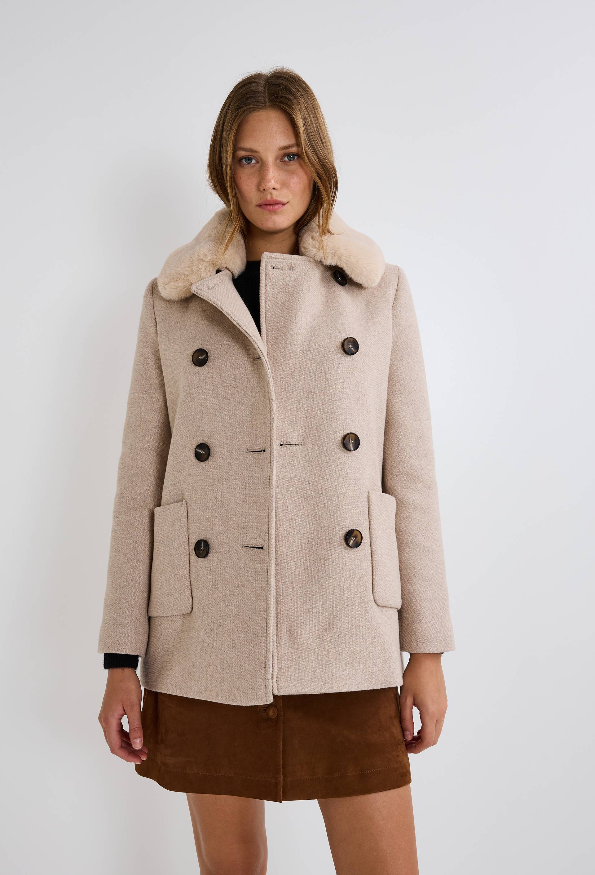 Manteau double boutonnage col amovible contenant de la laine, Beige clair, large image number 1