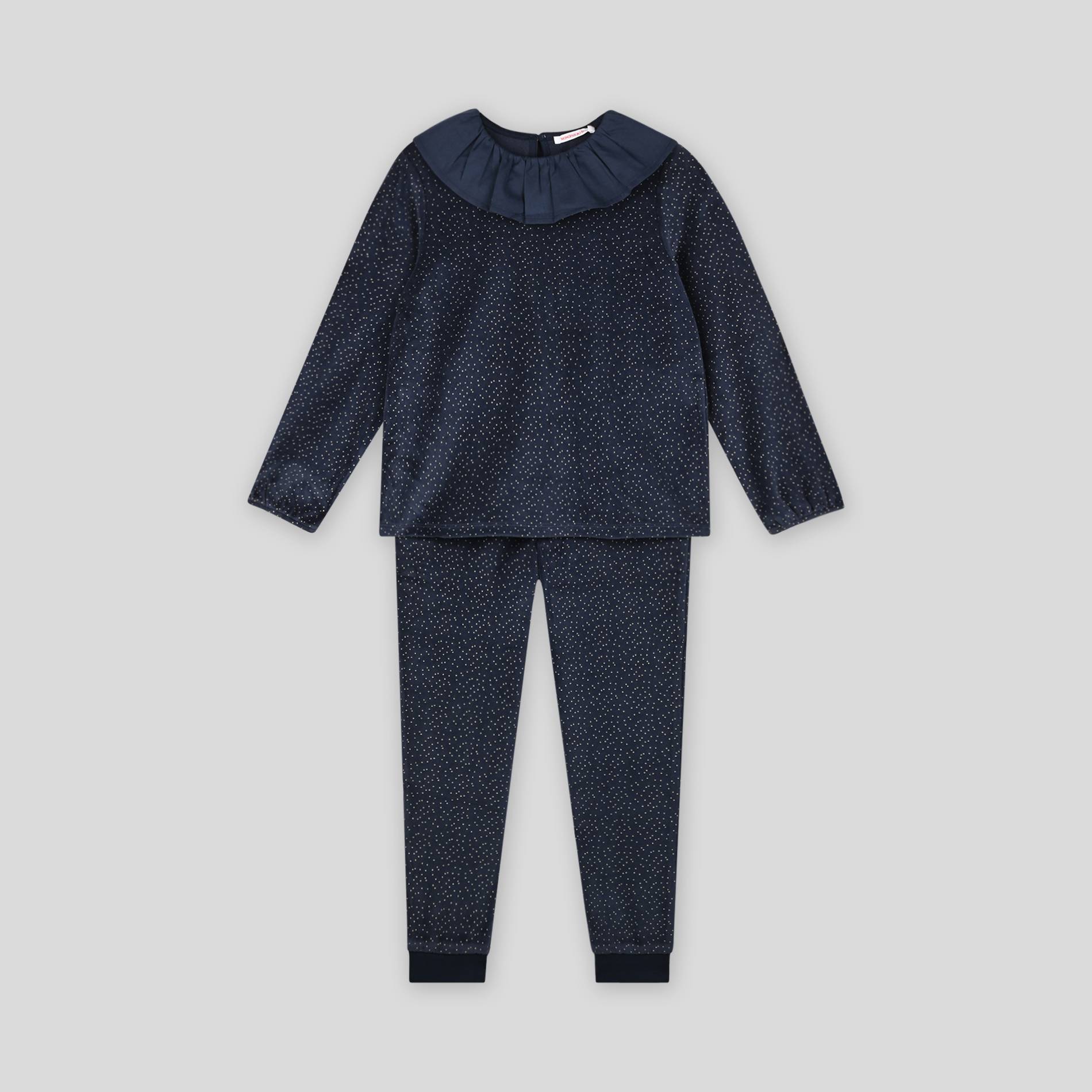 Pyjama à pois en velours col claudine, Bleu foncé, large image number 0.0