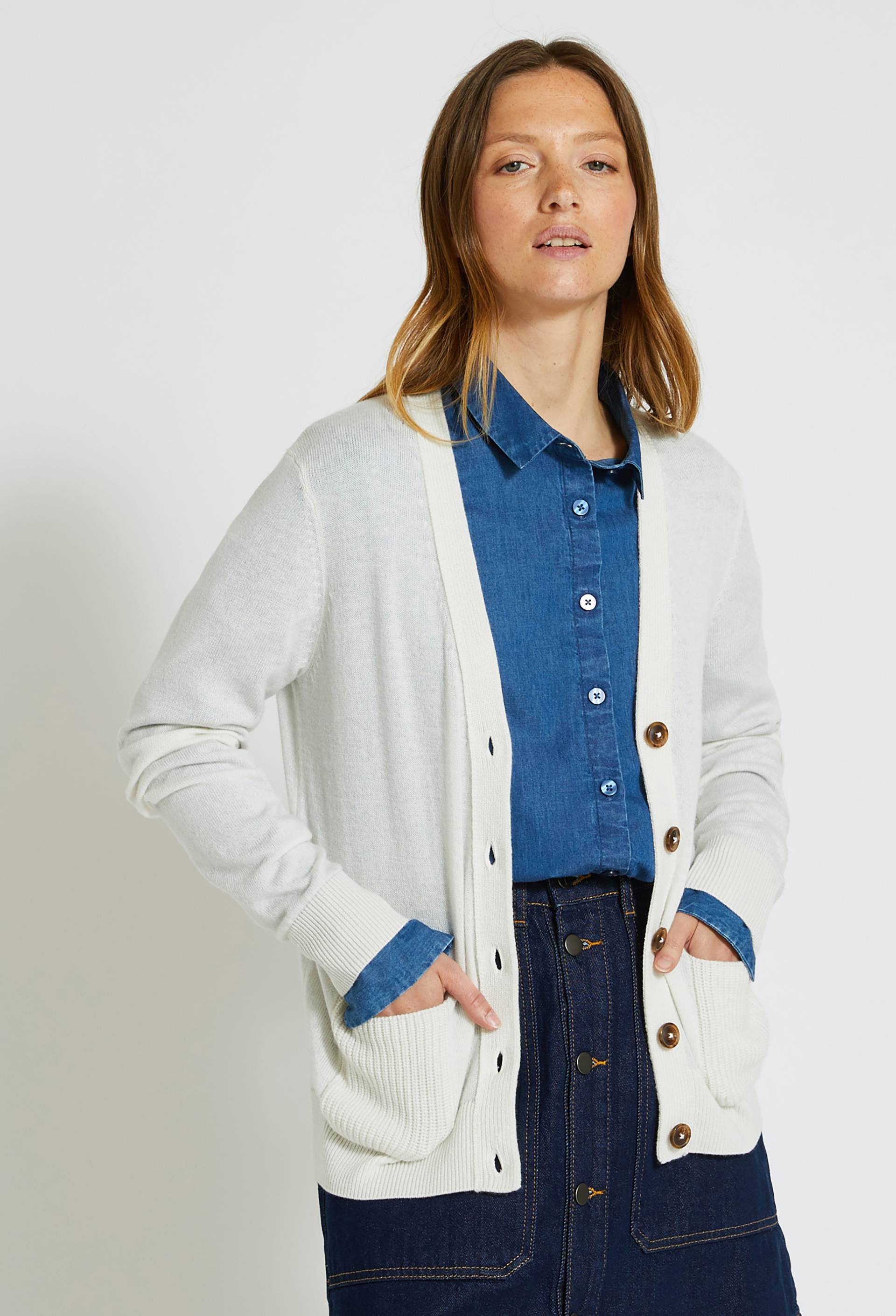 Gilet col V contenant de la laine et du cachemire Oekotex, Ecru, large image number 0