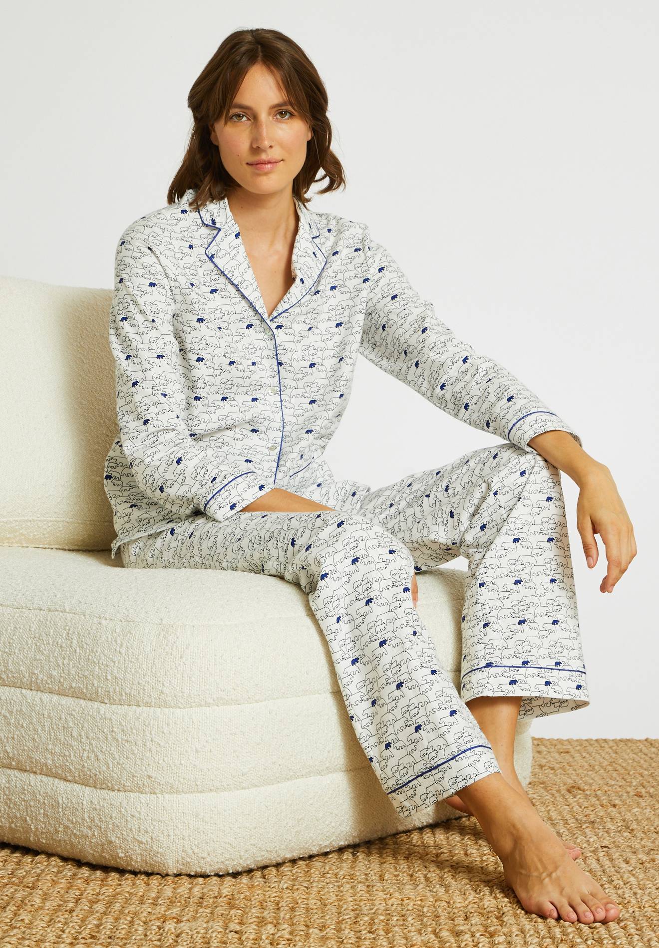 Pyjama col tailleur en coton gratté certifié OEKOTEX, Ecru, large image number 3