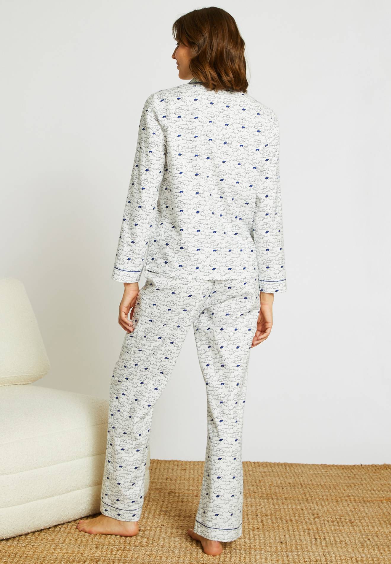 Pyjama col tailleur en coton gratté certifié OEKOTEX, Ecru, large image number 4