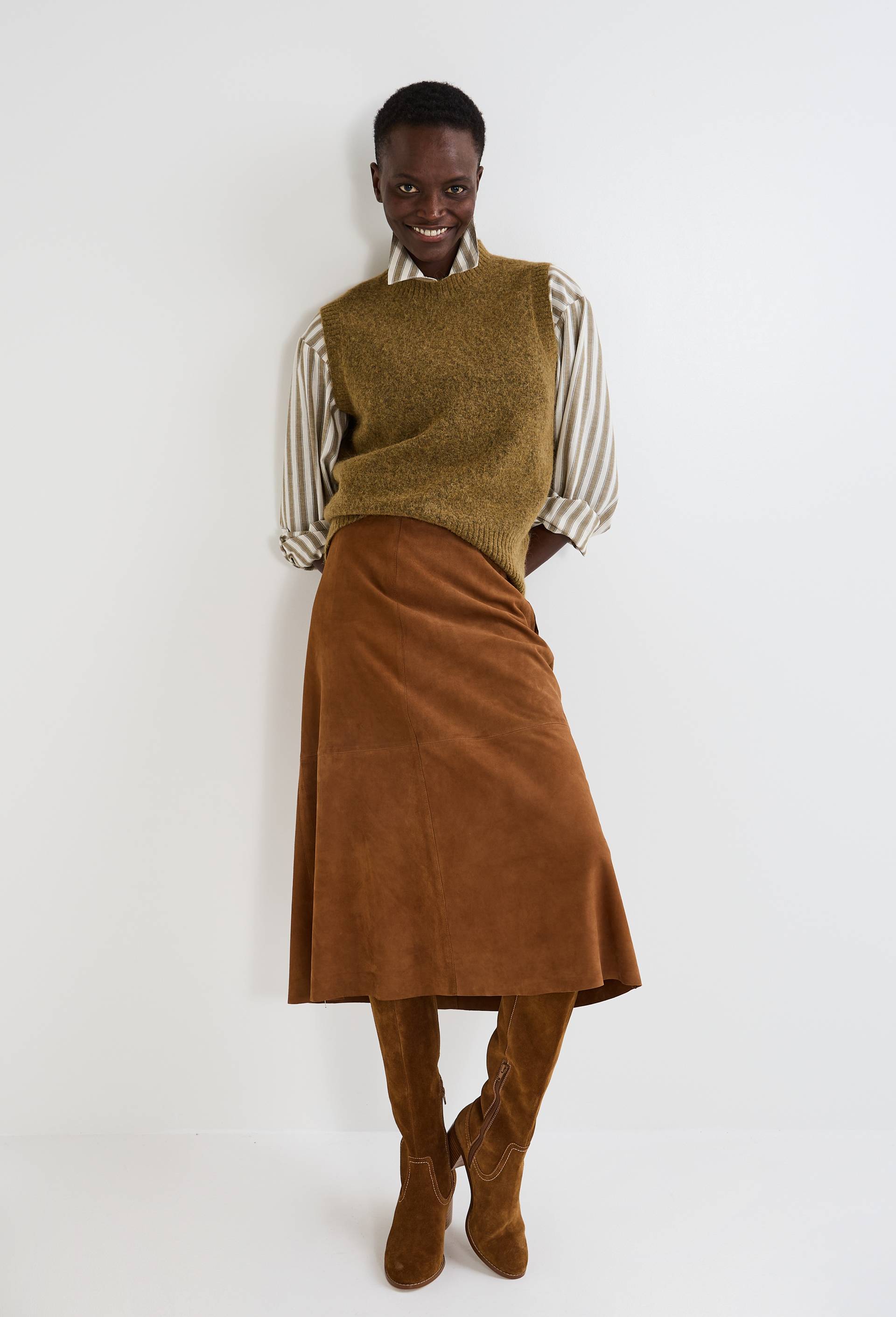 Jupe midi en cuir responsable, Brun, large image number 1