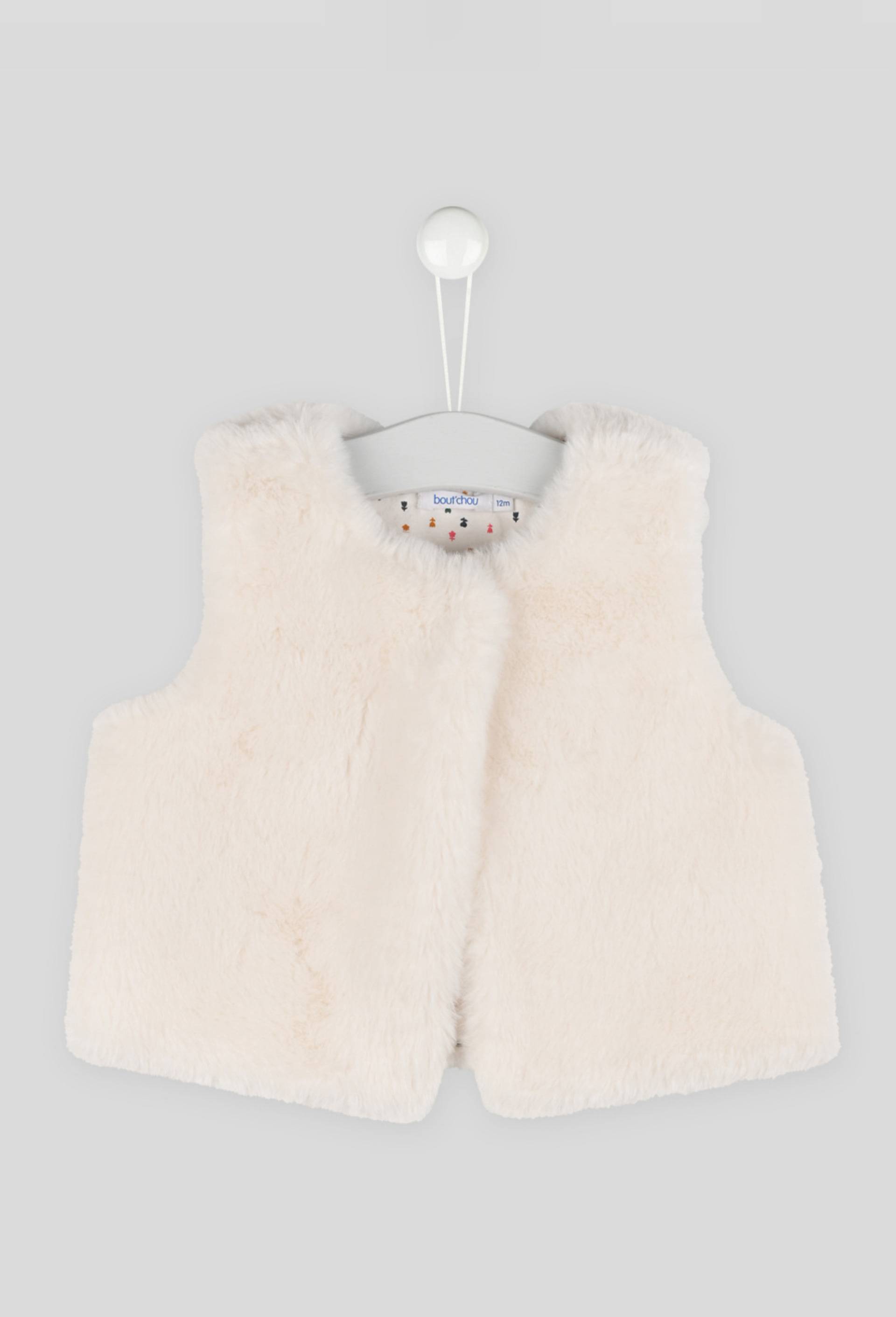 Gilet uni ouverture pressions doublure imprimée en jersey col rond sans manches, fille., Ecru, large image number 0