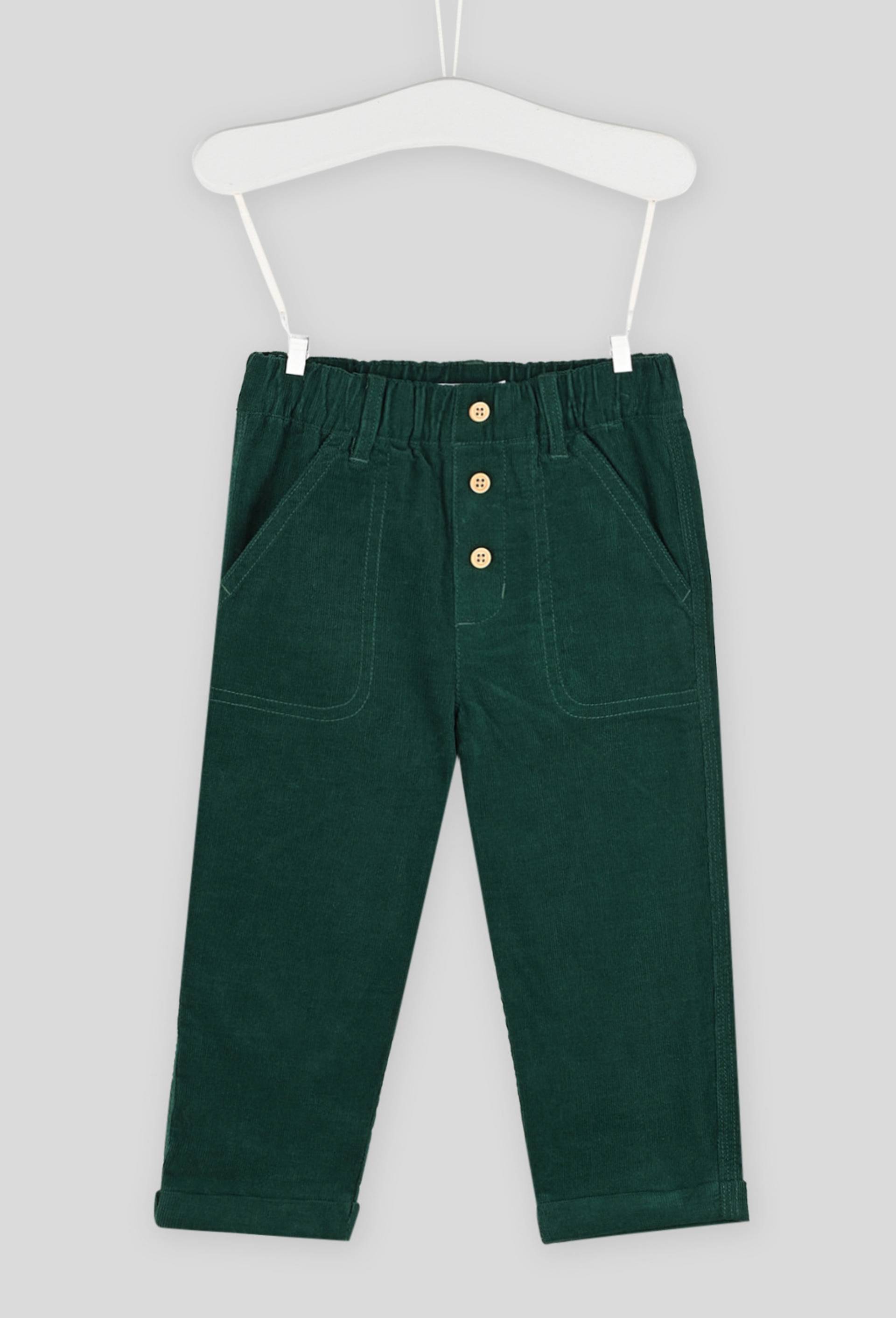 Pantalon uni en velours doublé taille élastique, garçon, OEKO-TEX, Vert foncé, large image number 0.0