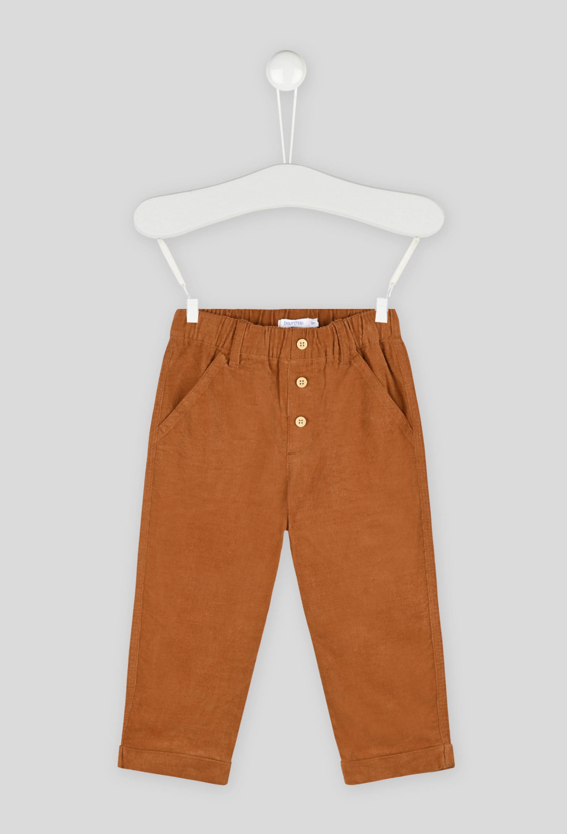 Pantalon uni en velours doublé taille élastique, garçon, OEKO-TEX, Brun clair, large image number 0.0