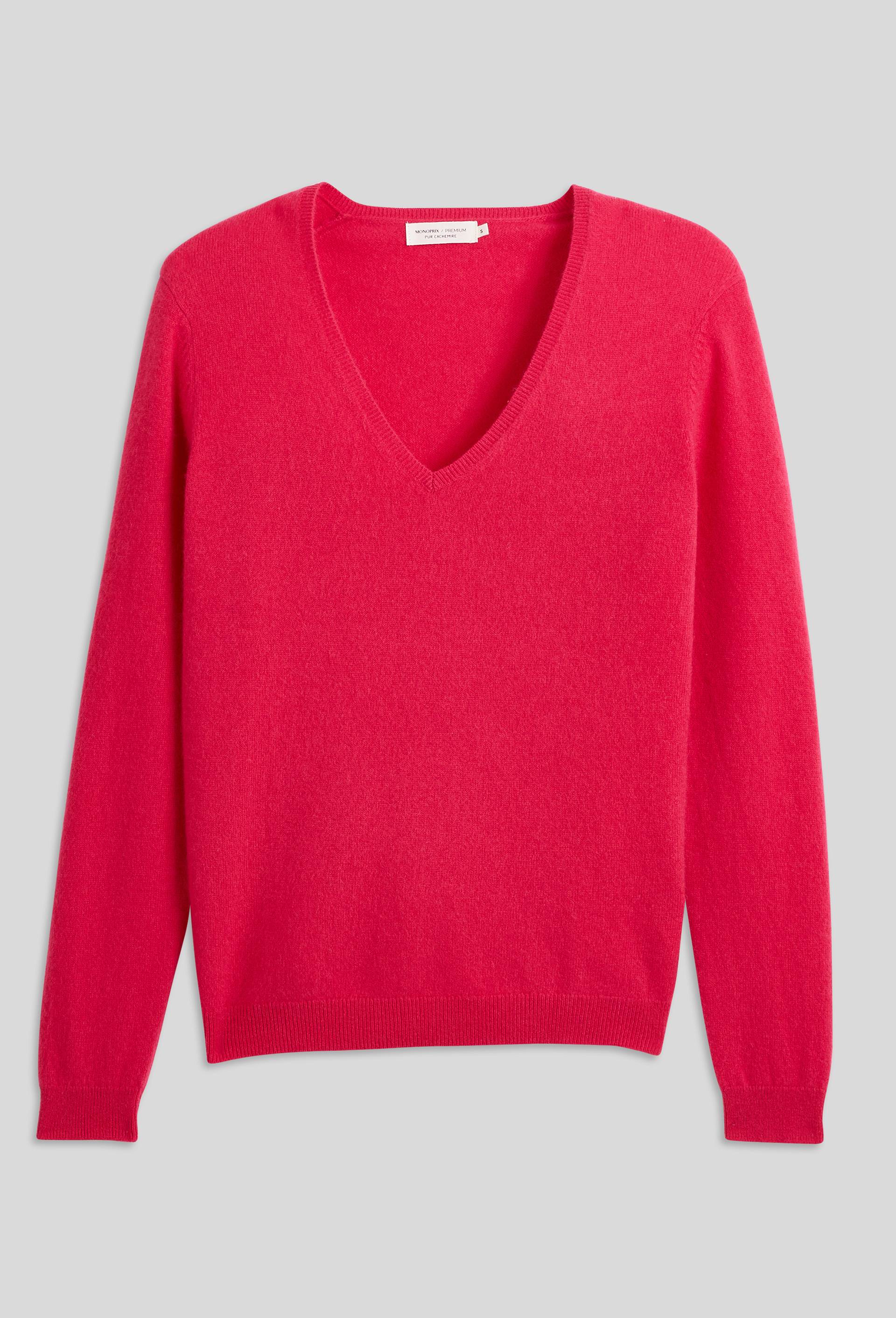 Pull uni col V en 100% cachemire, Rose fonc&eacute;, large image number 2