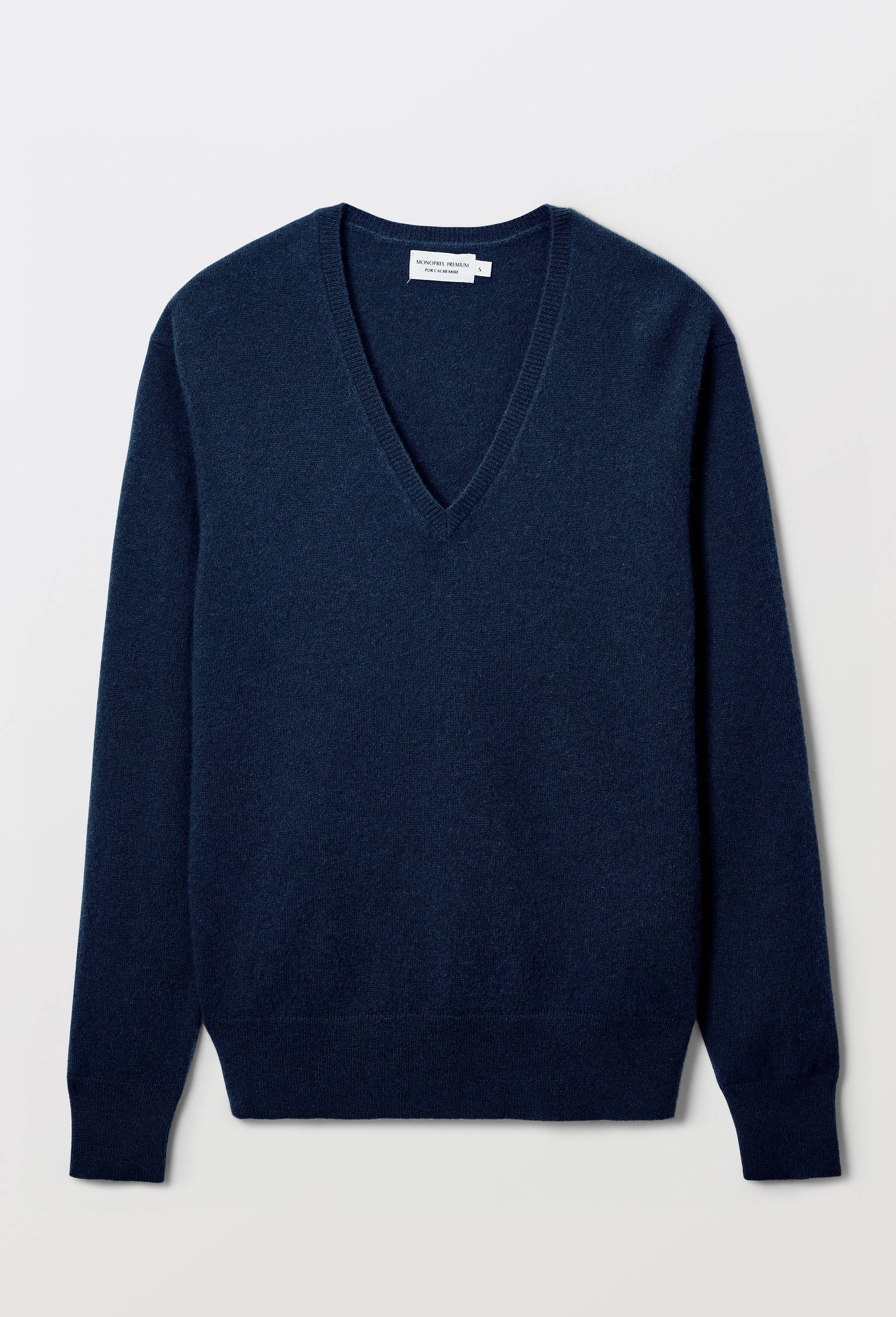 Pull uni col V en 100% cachemire, Bleu fonc&eacute;, large image number 2.0
