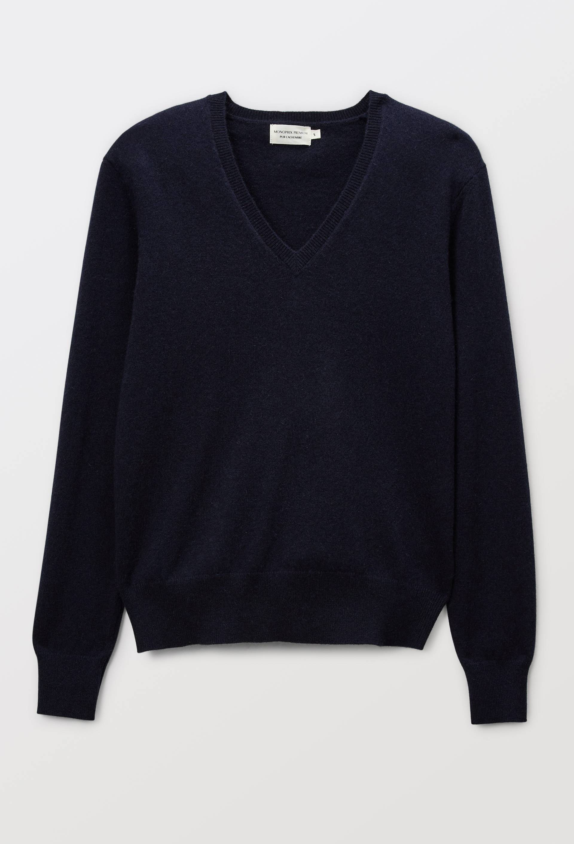 Pull uni col V en 100% cachemire, Bleu fonc&eacute;, large image number 3