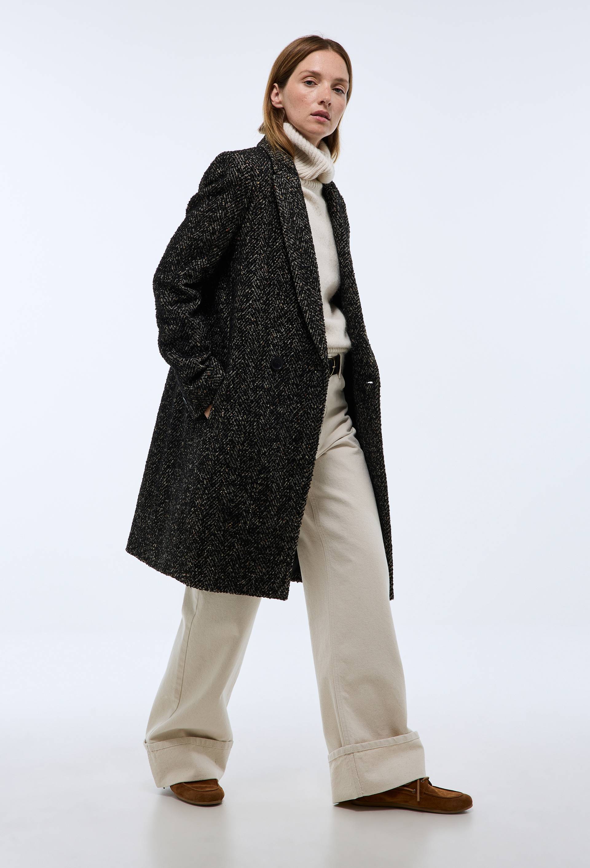 Manteau chevron mi-long boutons crois&eacute;s contenant de la laine, Noir, large image number 0.0
