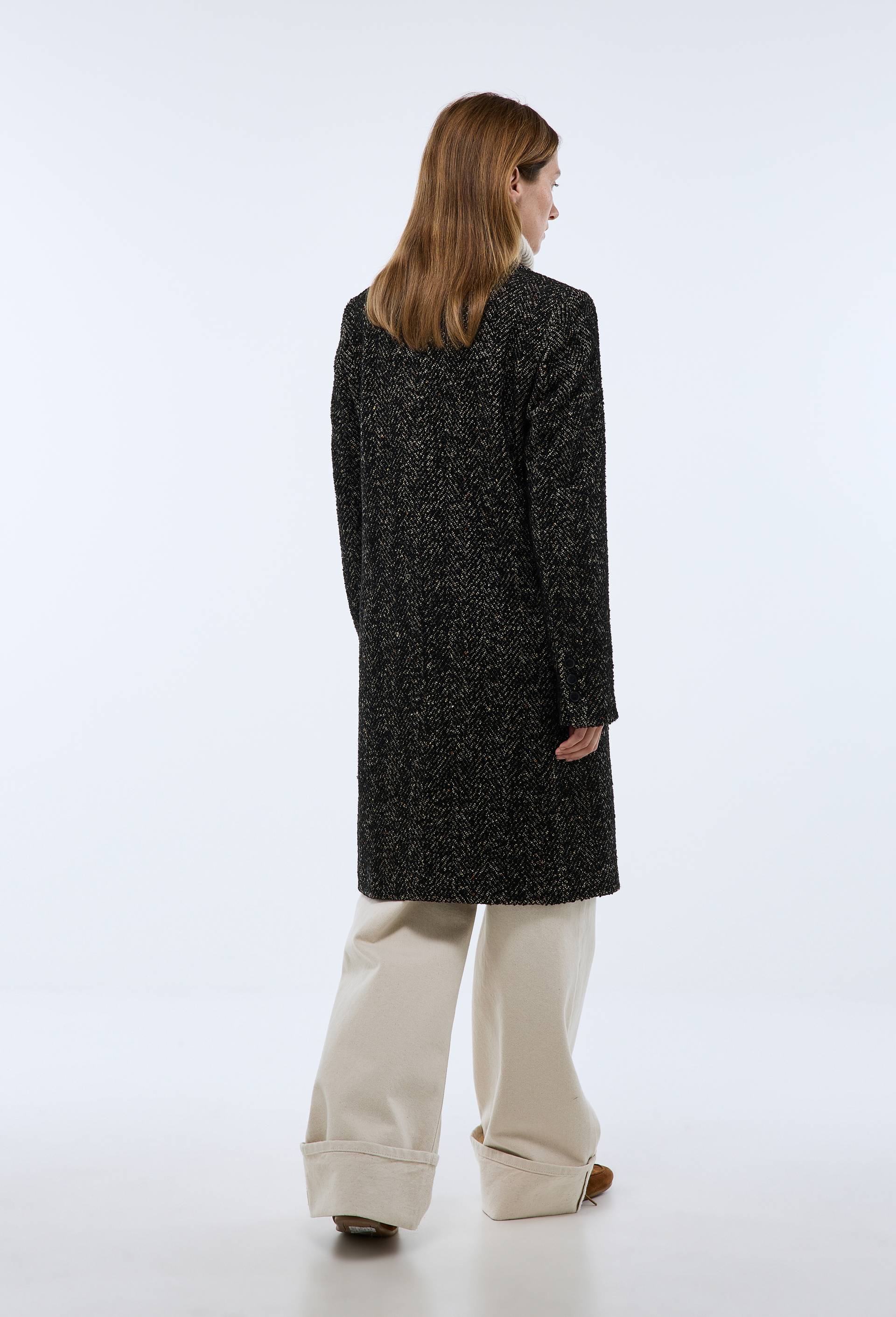Manteau chevron mi-long boutons crois&eacute;s contenant de la laine, Noir, large image number 1