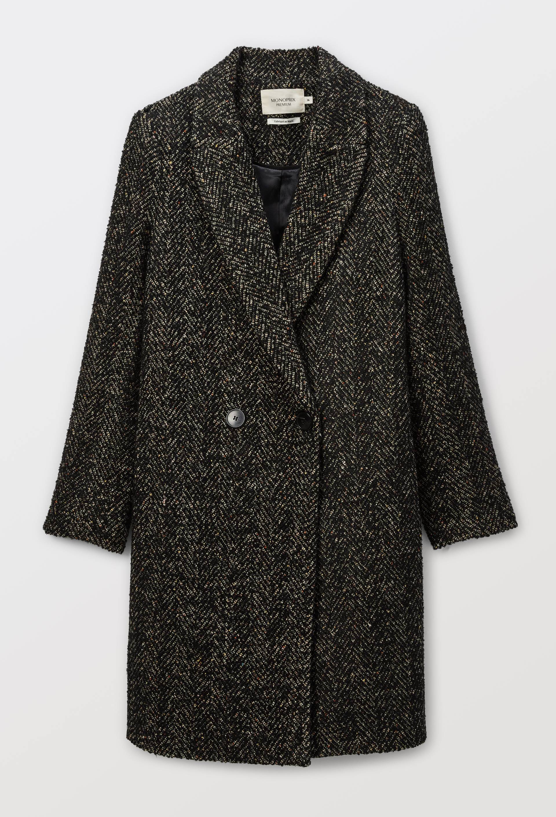 Manteau chevron mi-long boutons crois&eacute;s contenant de la laine, Noir, large image number 2