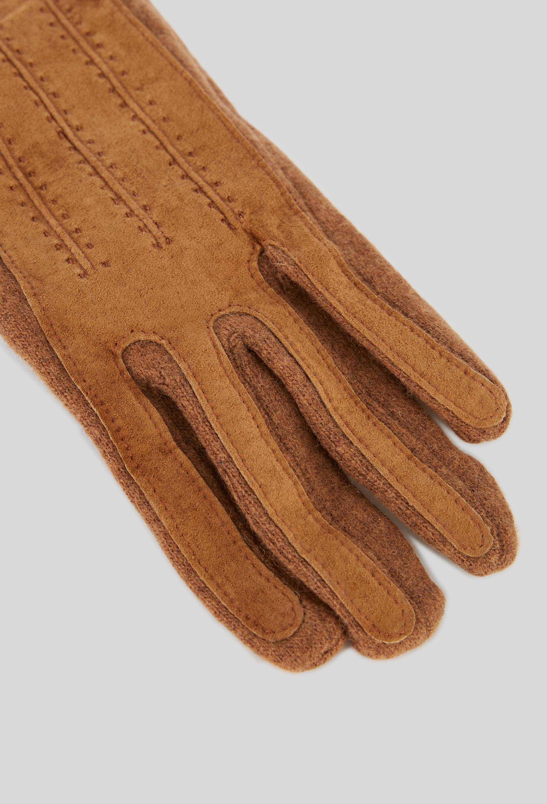 Gants tactiles bi-mati&egrave;re en cuir et laine, Beige, large image number 1