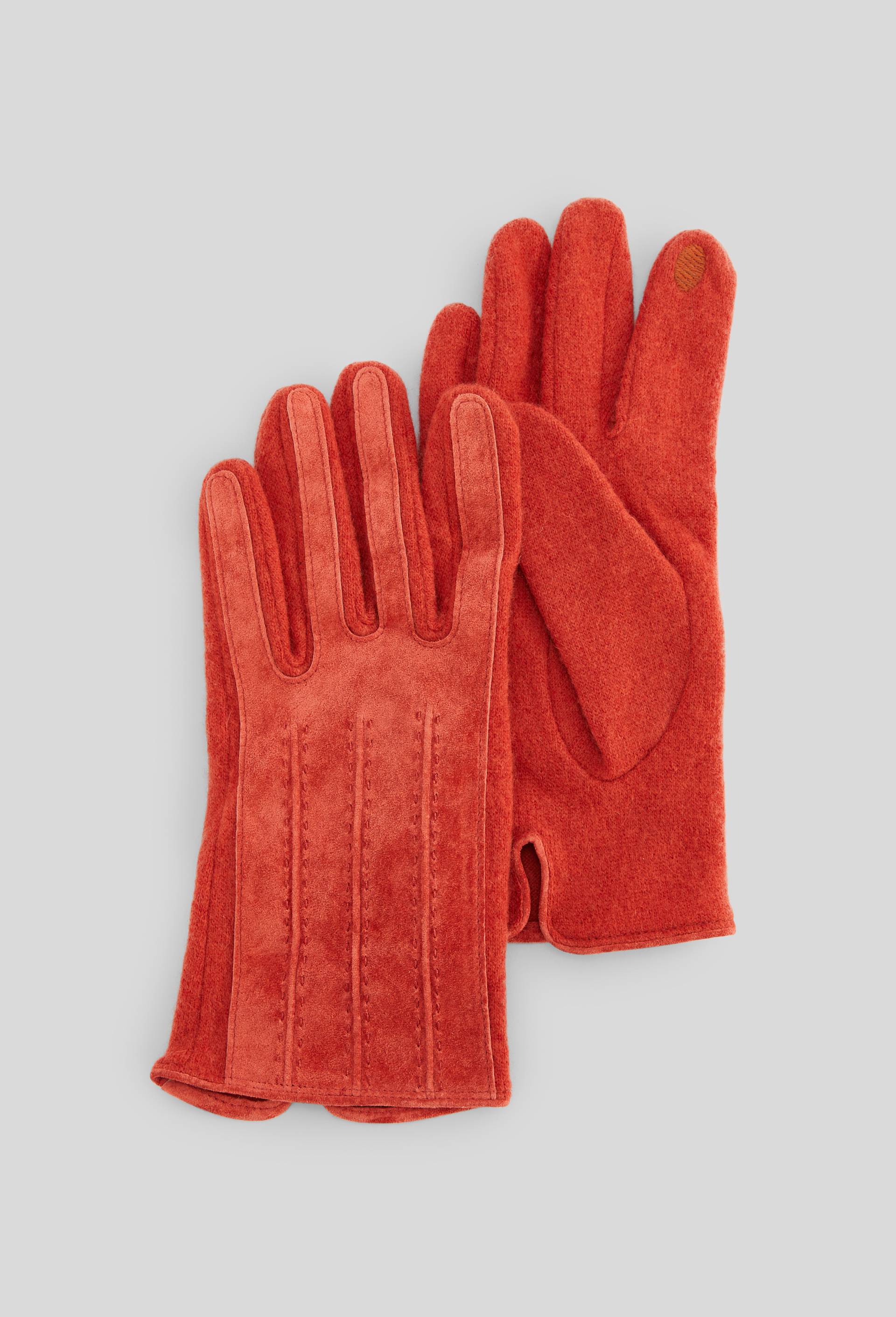 Gants tactiles bi-matière en cuir et laine, Rouge, large image number 0