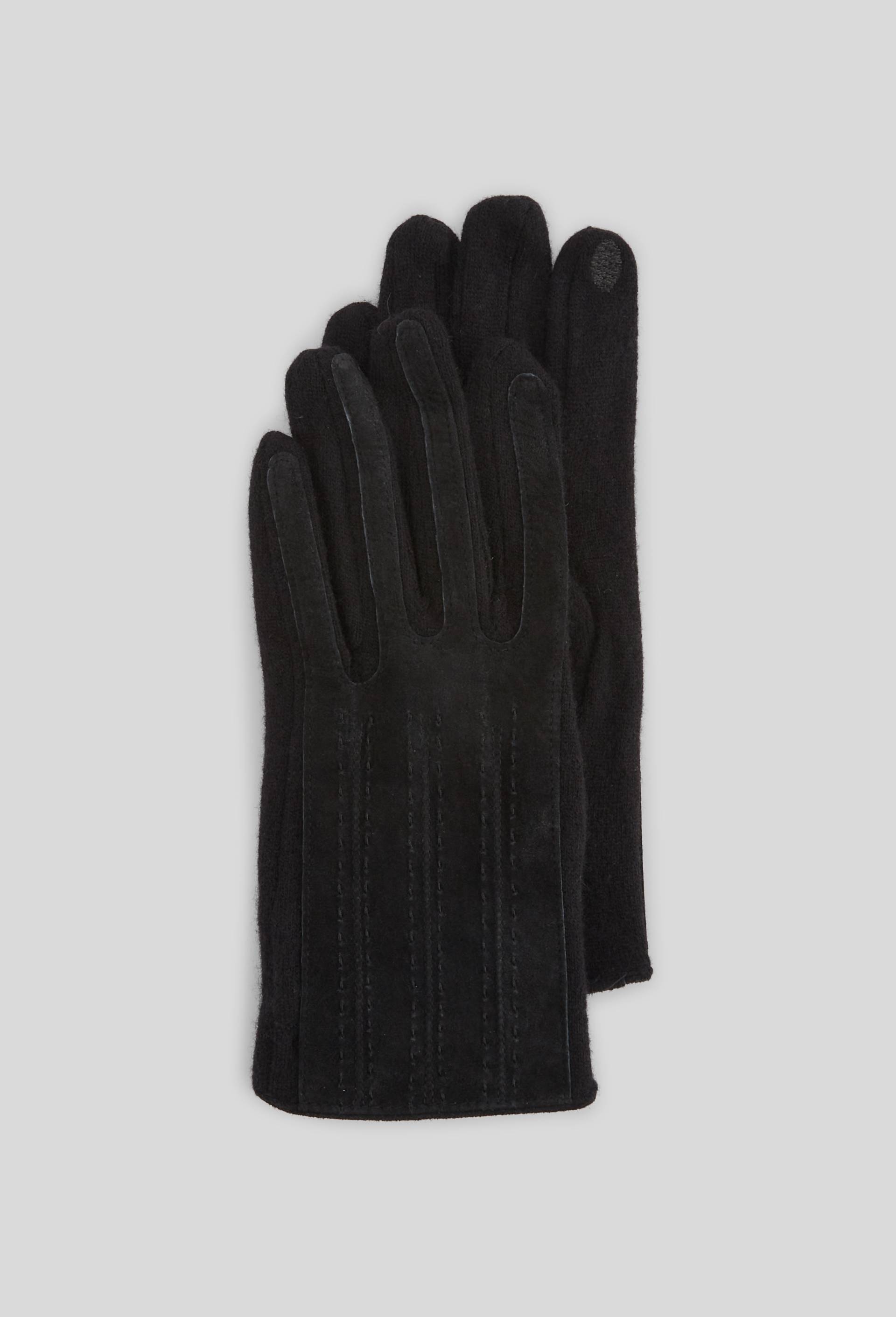 Gants tactiles bi-matière en cuir et laine, Noir, large image number 0