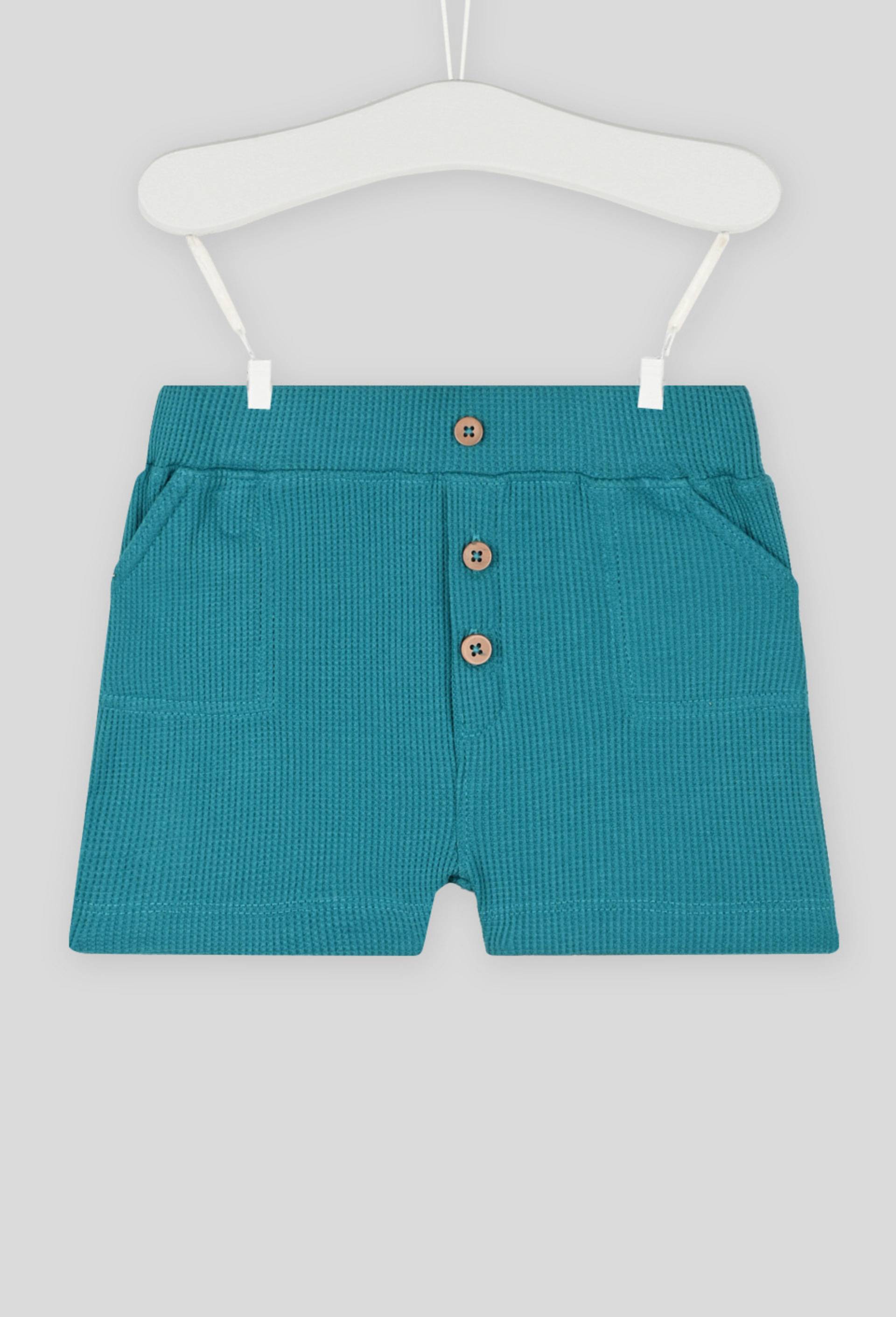 Short uni en nid d'abeille taille élastique, garçon, en coton BIO, OEKO-TEX, Vert, large image number 0.0
