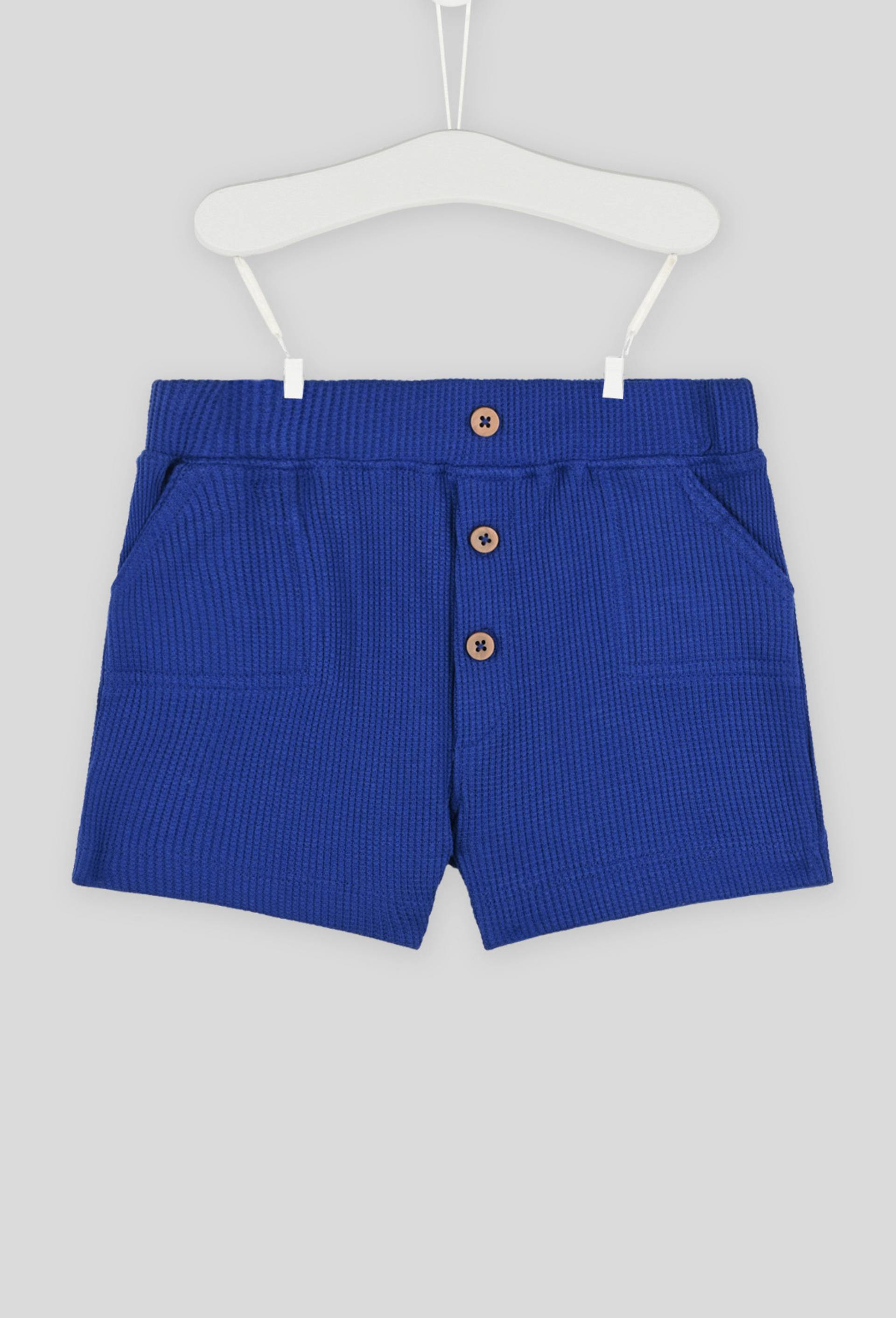 Short uni en nid d'abeille taille élastique, garçon, en coton BIO, OEKO-TEX, Bleu foncé, large image number 0
