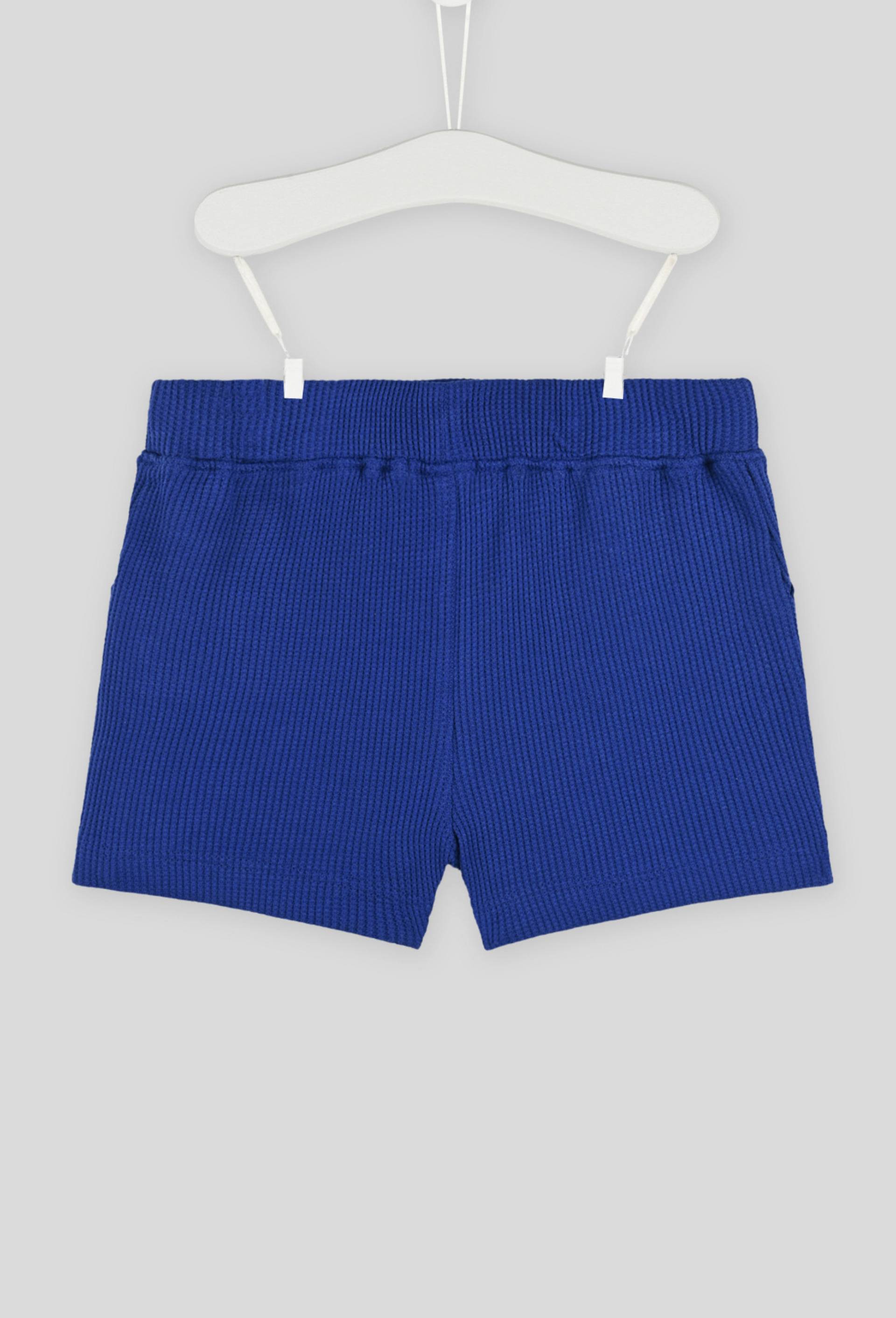 Short uni en nid d'abeille taille élastique, garçon, en coton BIO, OEKO-TEX, Bleu foncé, large image number 1.0