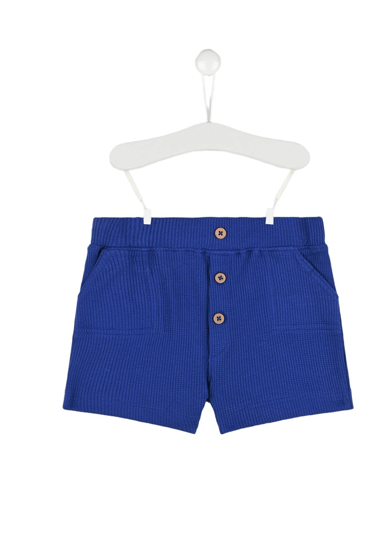 Short uni en nid d'abeille taille élastique, garçon, en coton BIO, OEKO-TEX, Bleu foncé, large image number 3