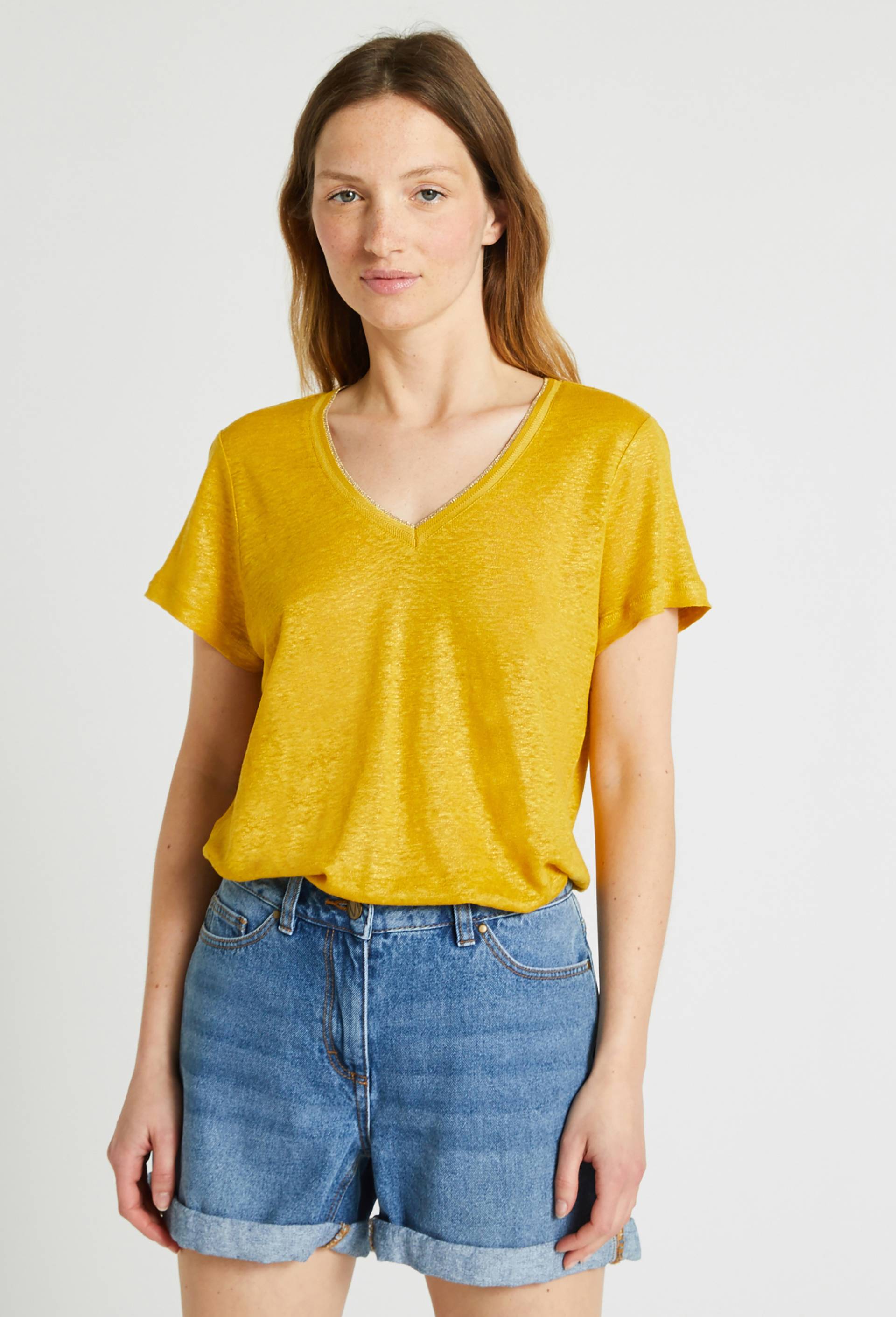 T-shirt manches courtes col métallisé en lin, Jaune foncé, swatch image