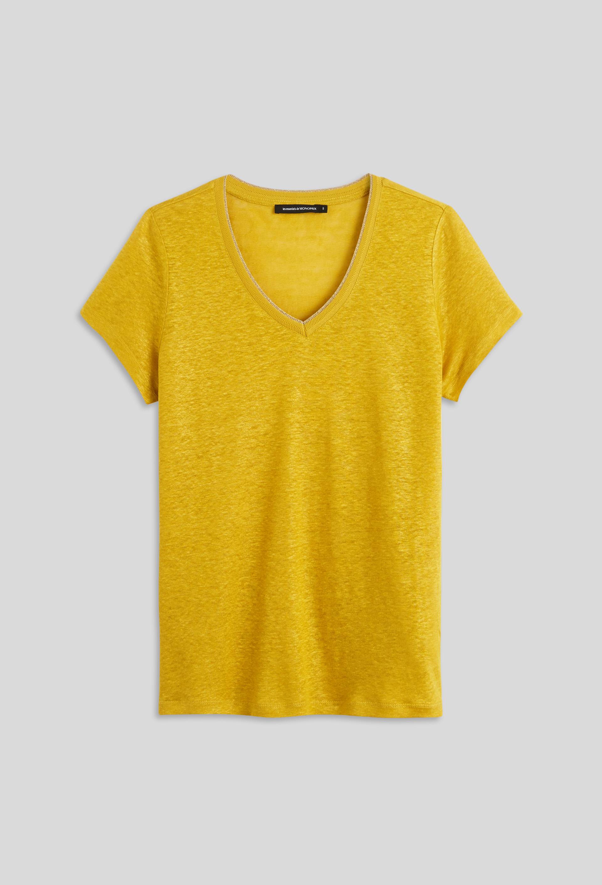 T-shirt manches courtes col métallisé en lin, Jaune foncé, large image number 2