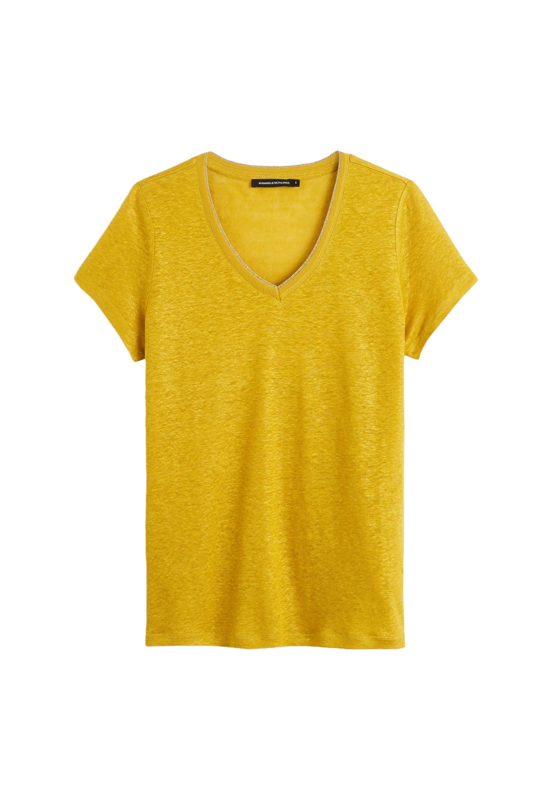 T-shirt manches courtes col métallisé en lin, Jaune foncé, large image number 5.0