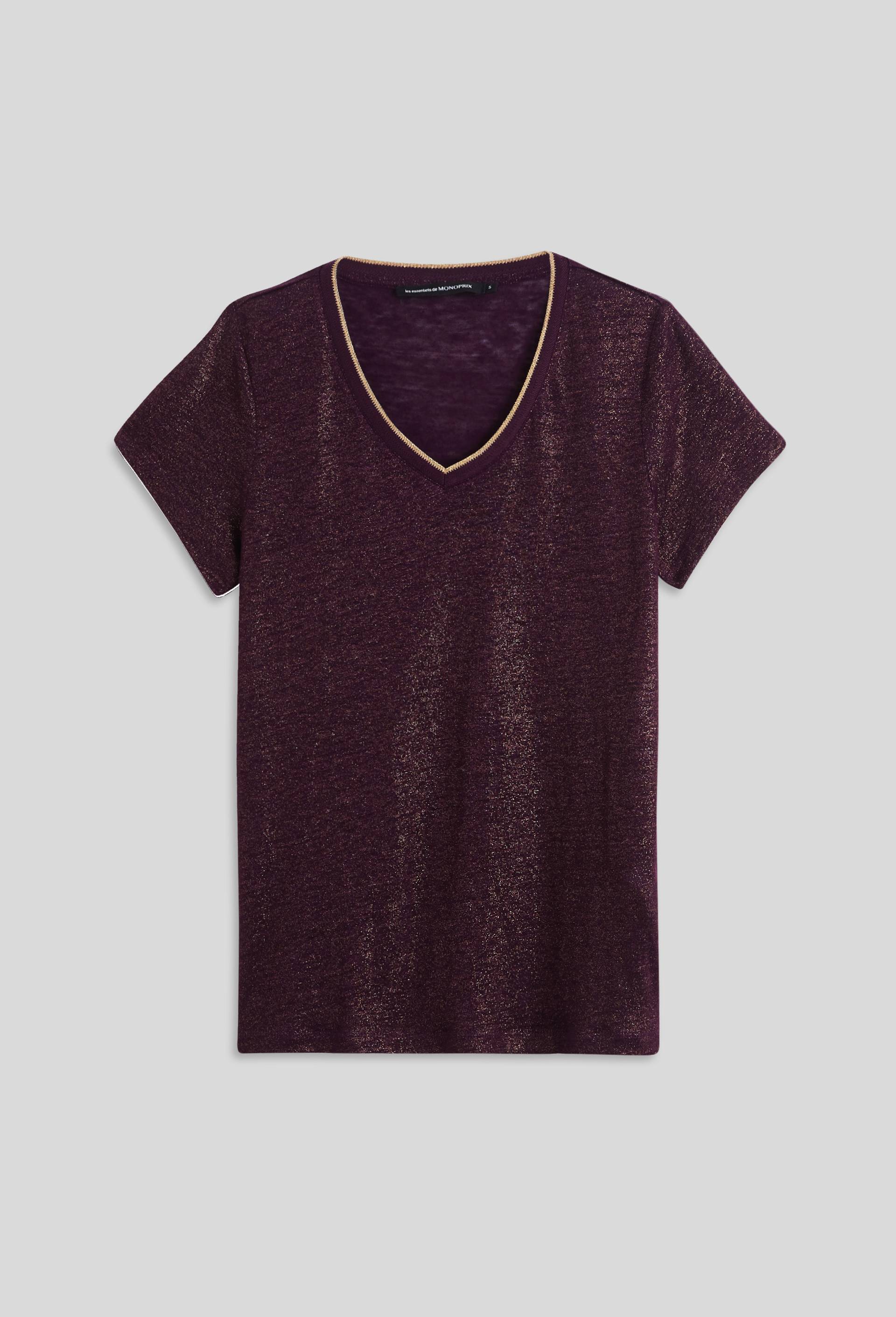 T-shirt manches courtes col métallisé en lin, Violet foncé, large image number 2.0