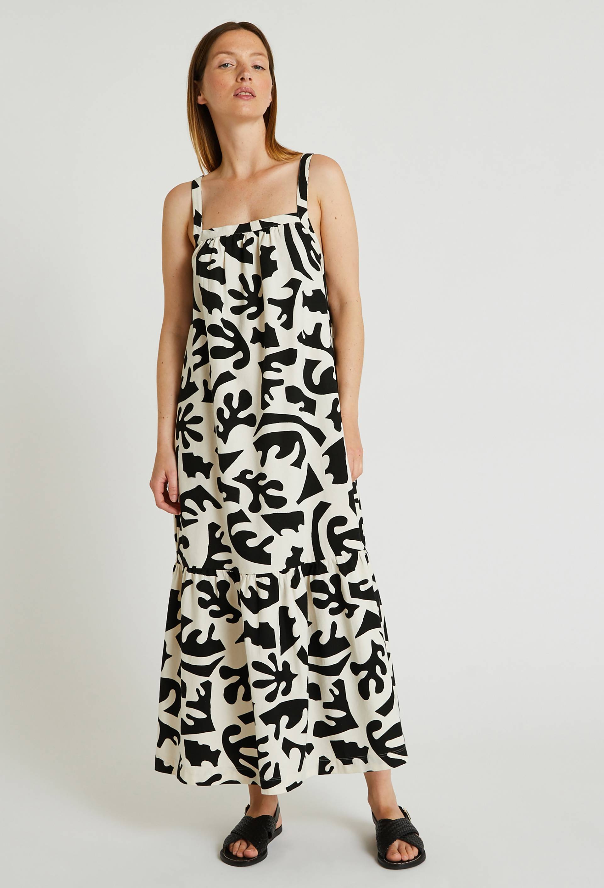 Robe à bretelles en coton imprimé, Noir, large image number 0