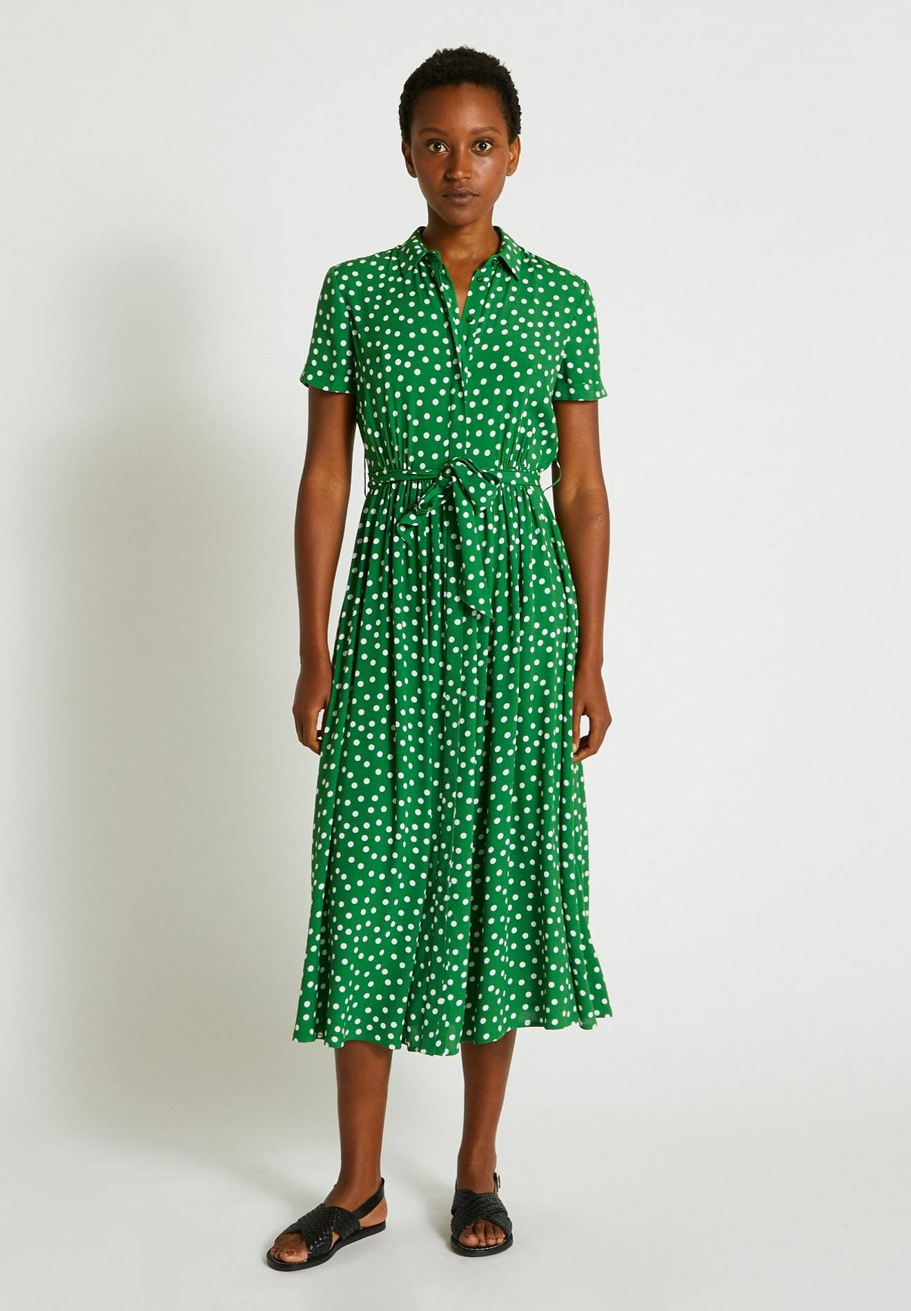 Robe boutonn&eacute;e et ceintur&eacute;e &agrave; pois, Vert, large image number 3