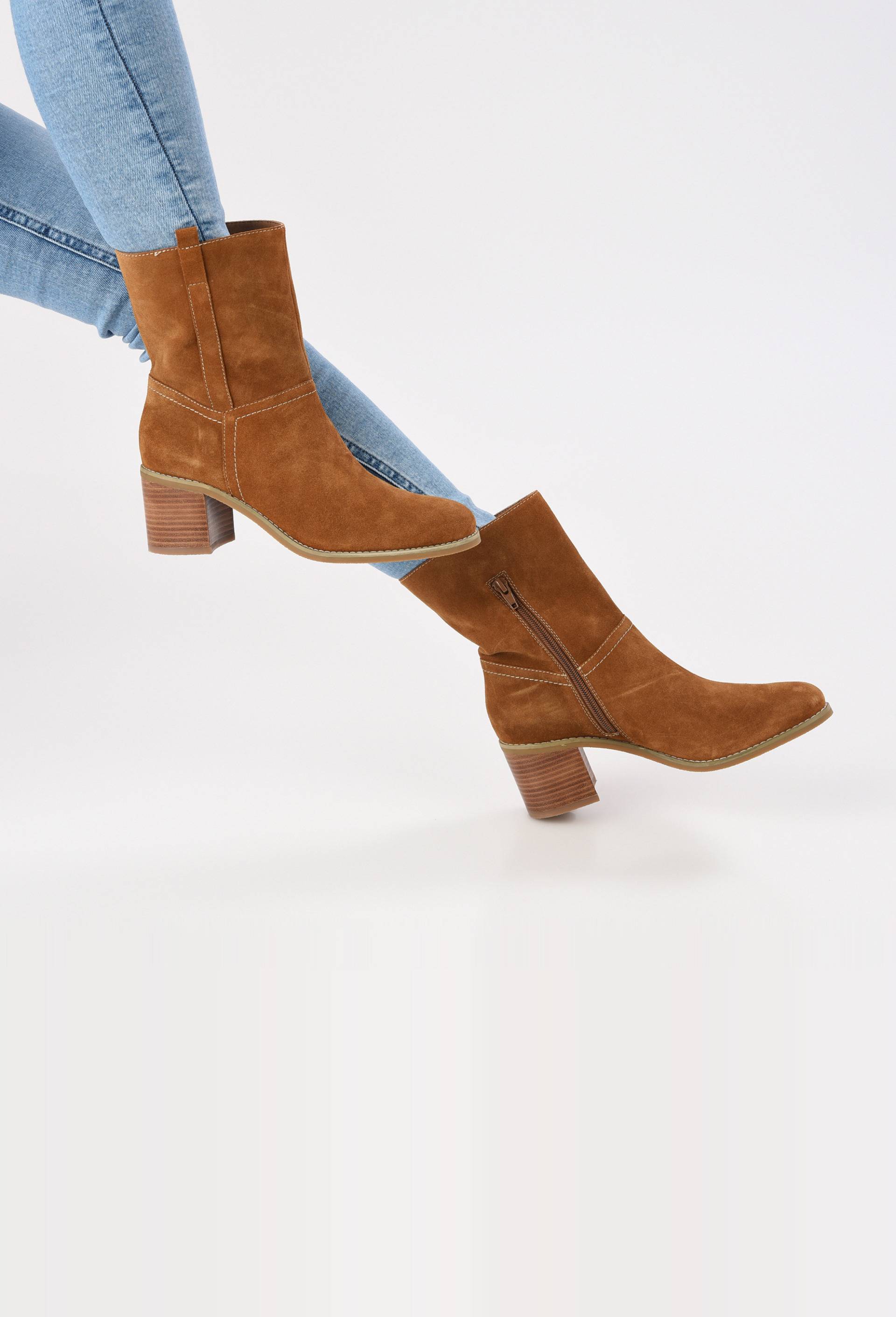 Bottines à talon en croûte de cuir, Beige, large image number 1