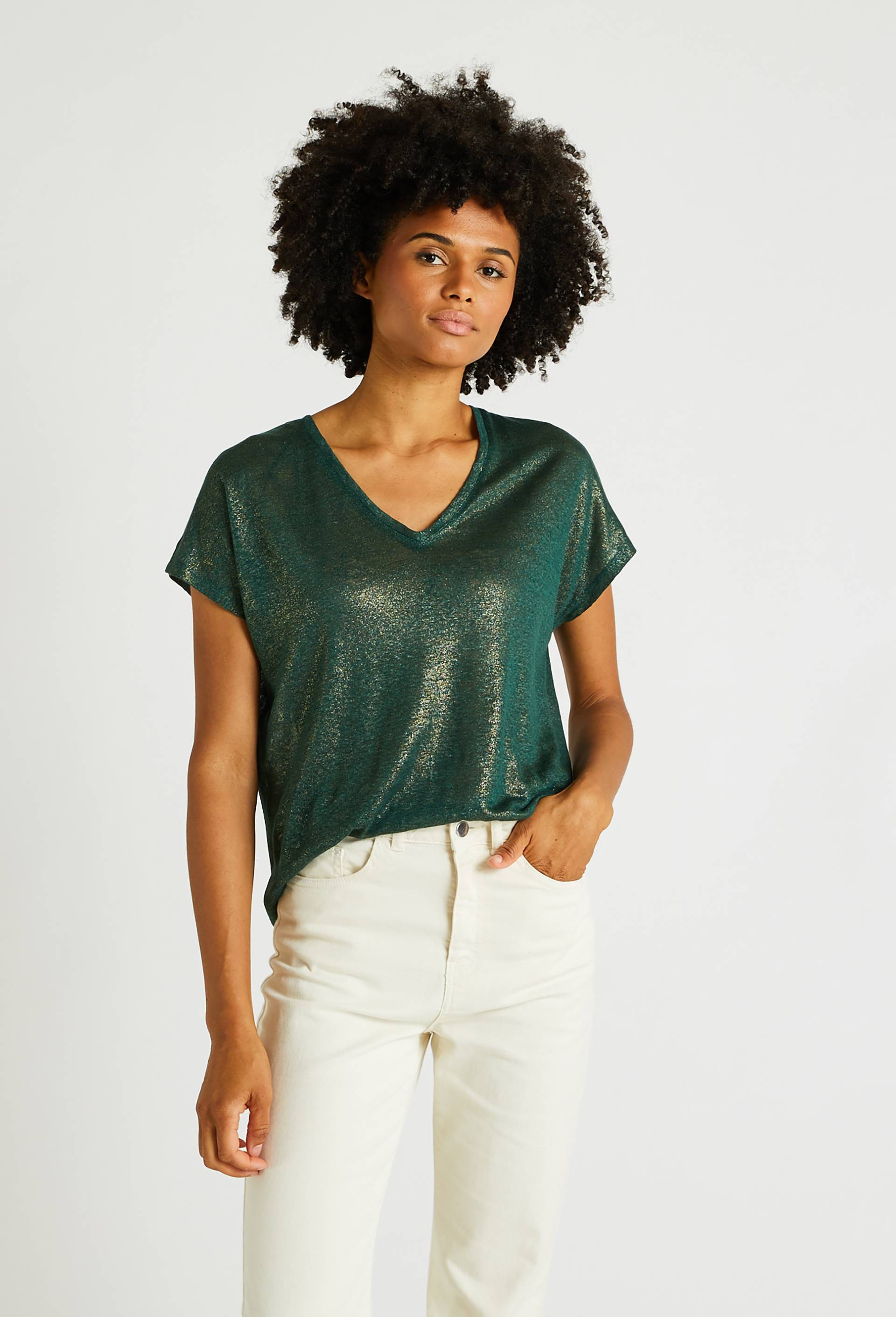 T-shirt en lin irisé, Vert foncé, large image number 0