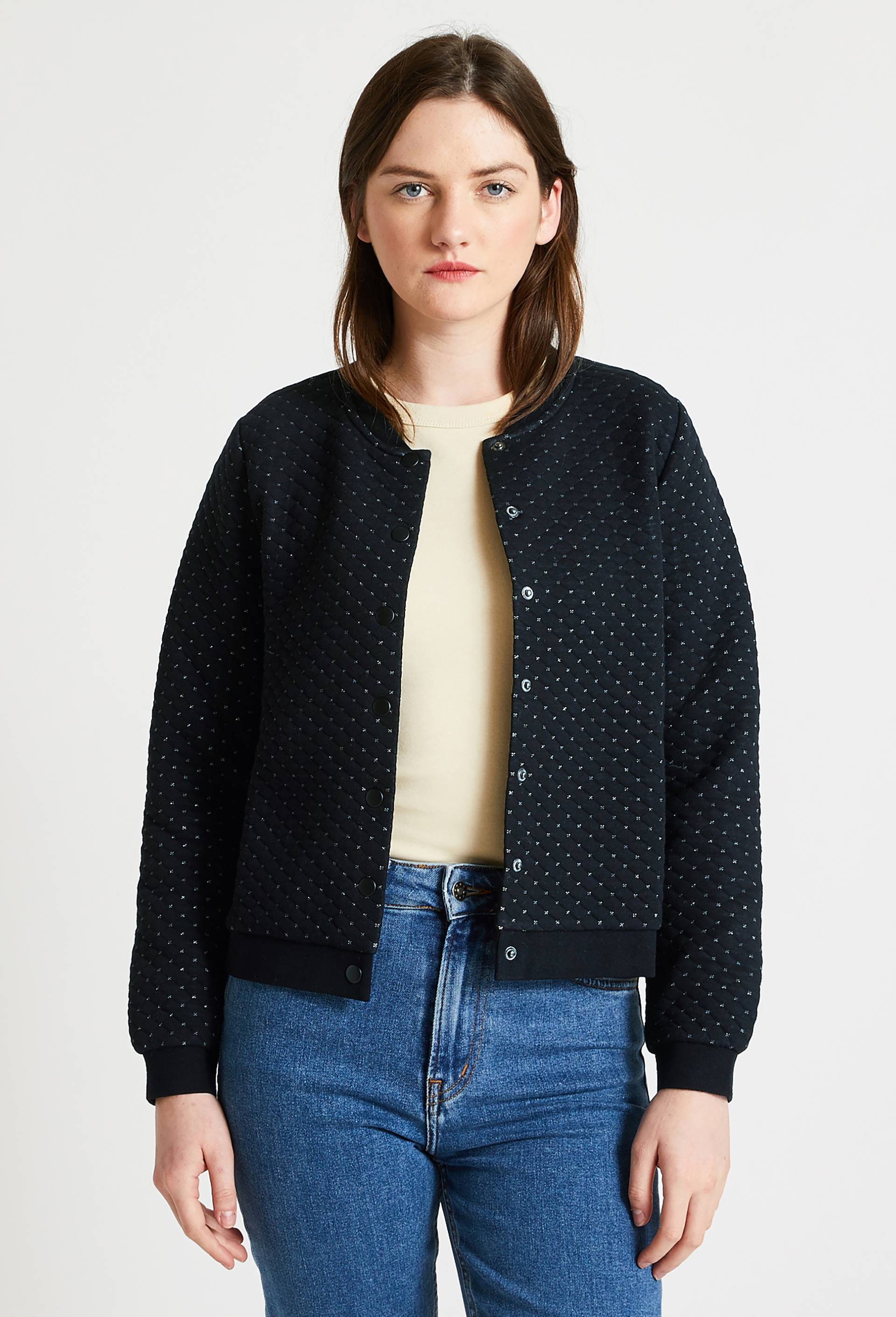 Cardigan molletonné à pressions en coton BIO et fils métallisés, Bleu foncé, large image number 0