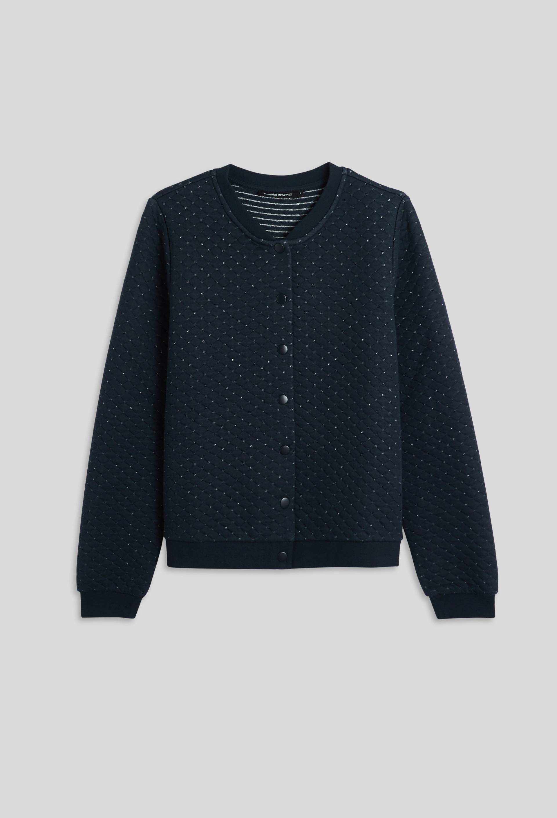 Cardigan molletonné à pressions en coton BIO et fils métallisés, Bleu foncé, large image number 2