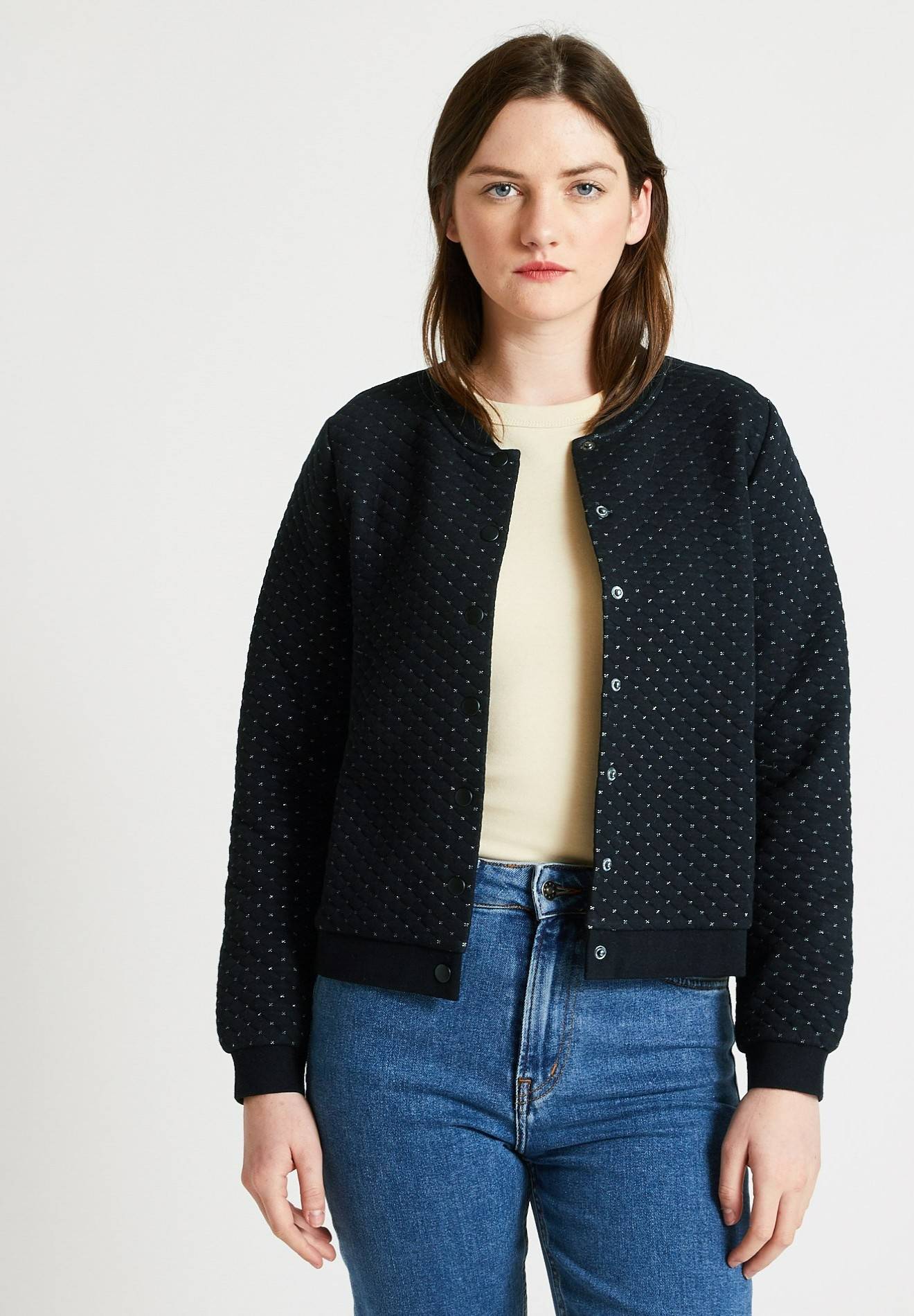 Cardigan molletonné à pressions en coton BIO et fils métallisés, Bleu foncé, large image number 3.0