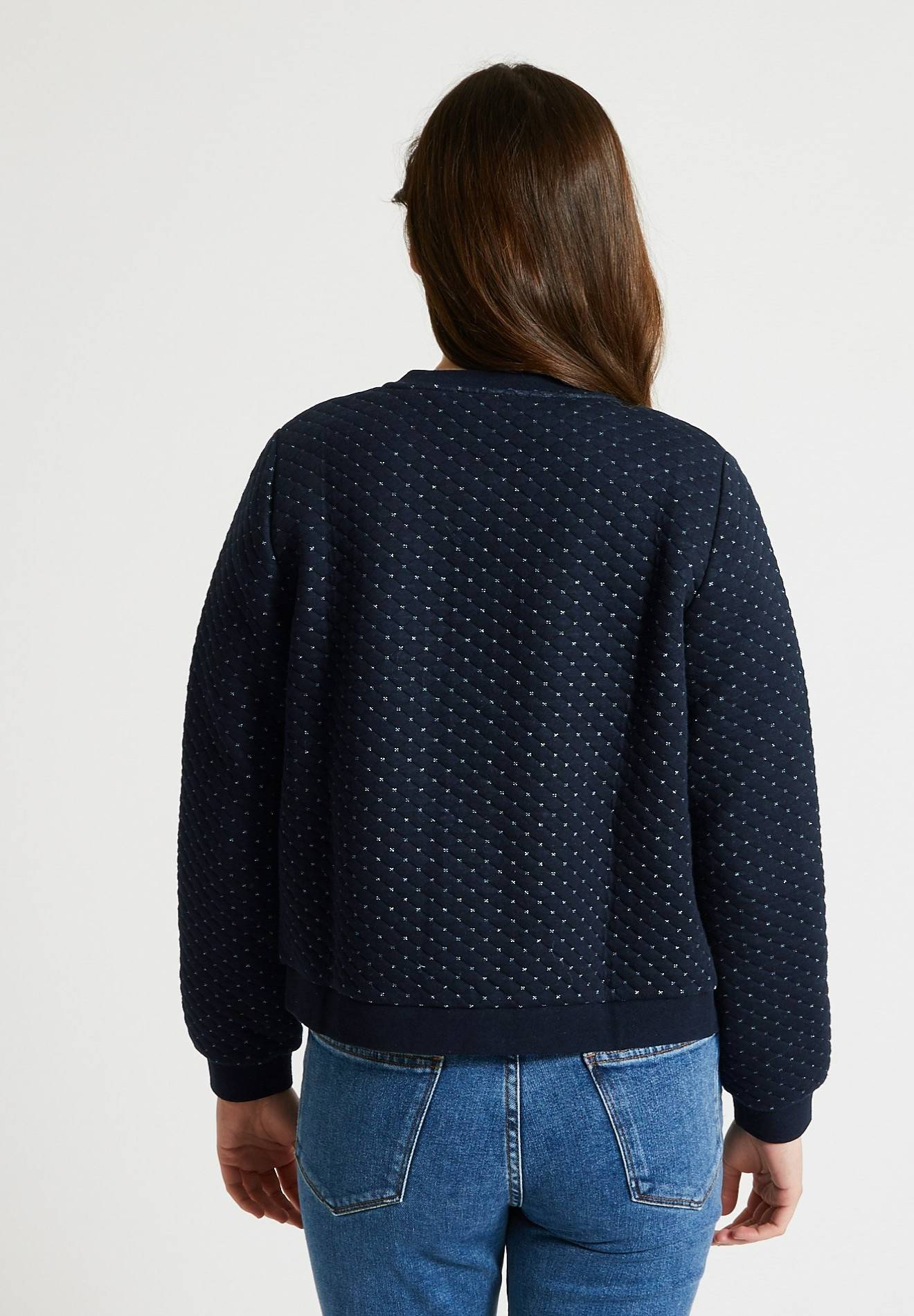 Cardigan molletonné à pressions en coton BIO et fils métallisés, Bleu foncé, large image number 4