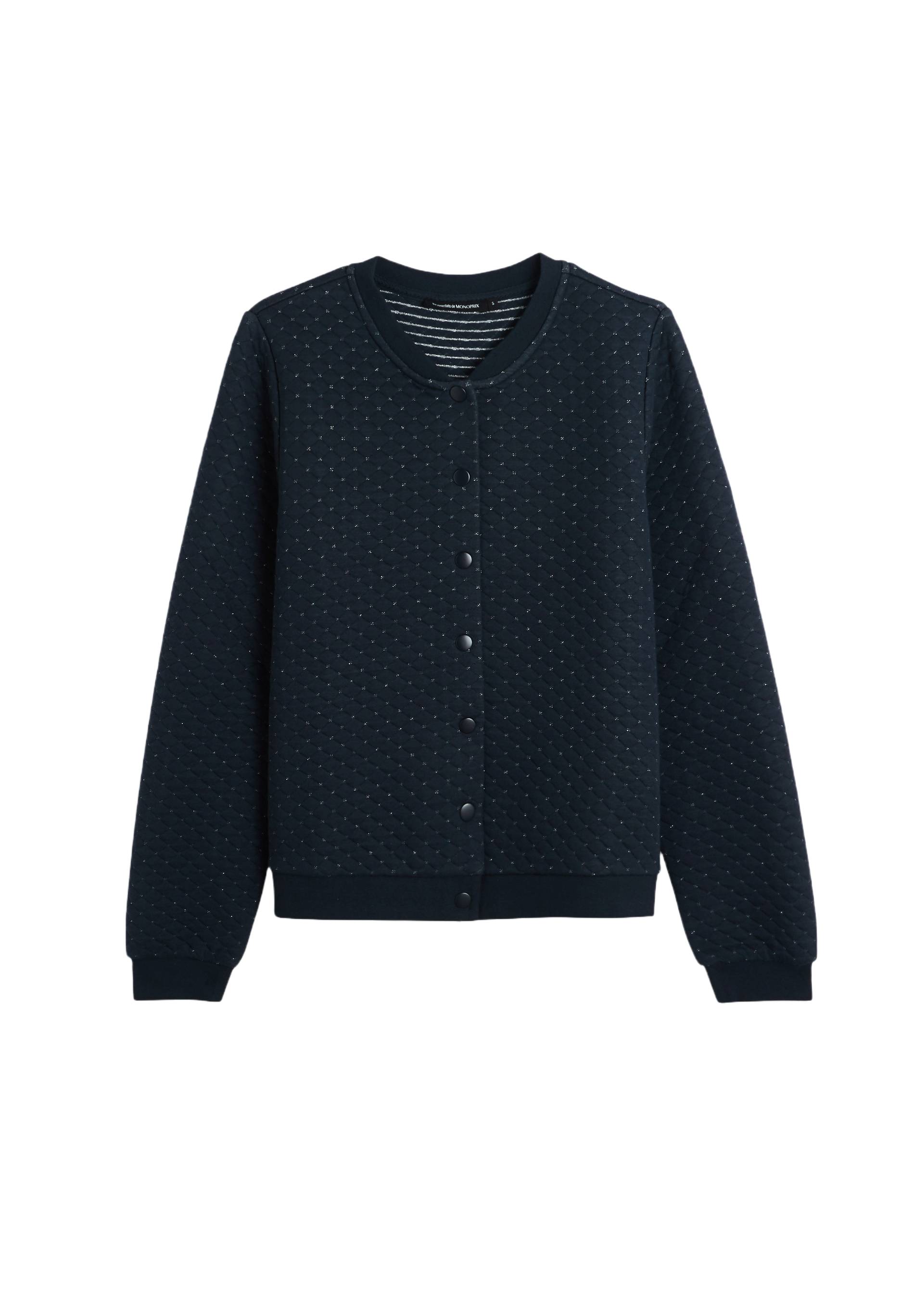 Cardigan molletonné à pressions en coton BIO et fils métallisés, Bleu foncé, large image number 5.0