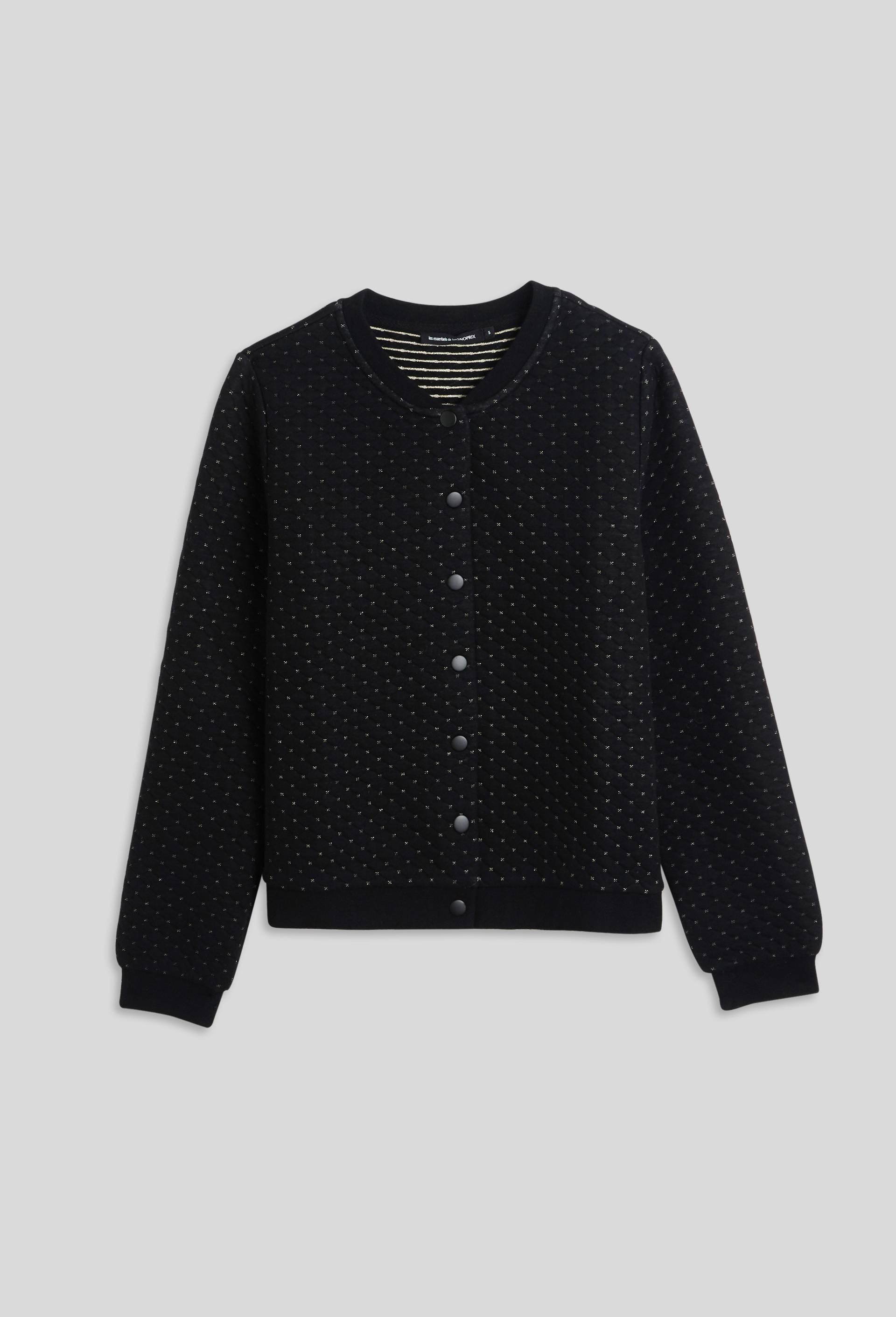 Cardigan molletonn&eacute; &agrave; pressions en coton BIO et fils m&eacute;tallis&eacute;s, Noir, large image number 2