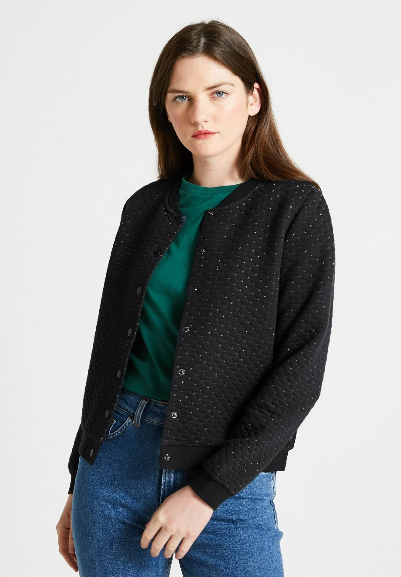 Cardigan molletonn&eacute; &agrave; pressions en coton BIO et fils m&eacute;tallis&eacute;s, Noir, large image number 3