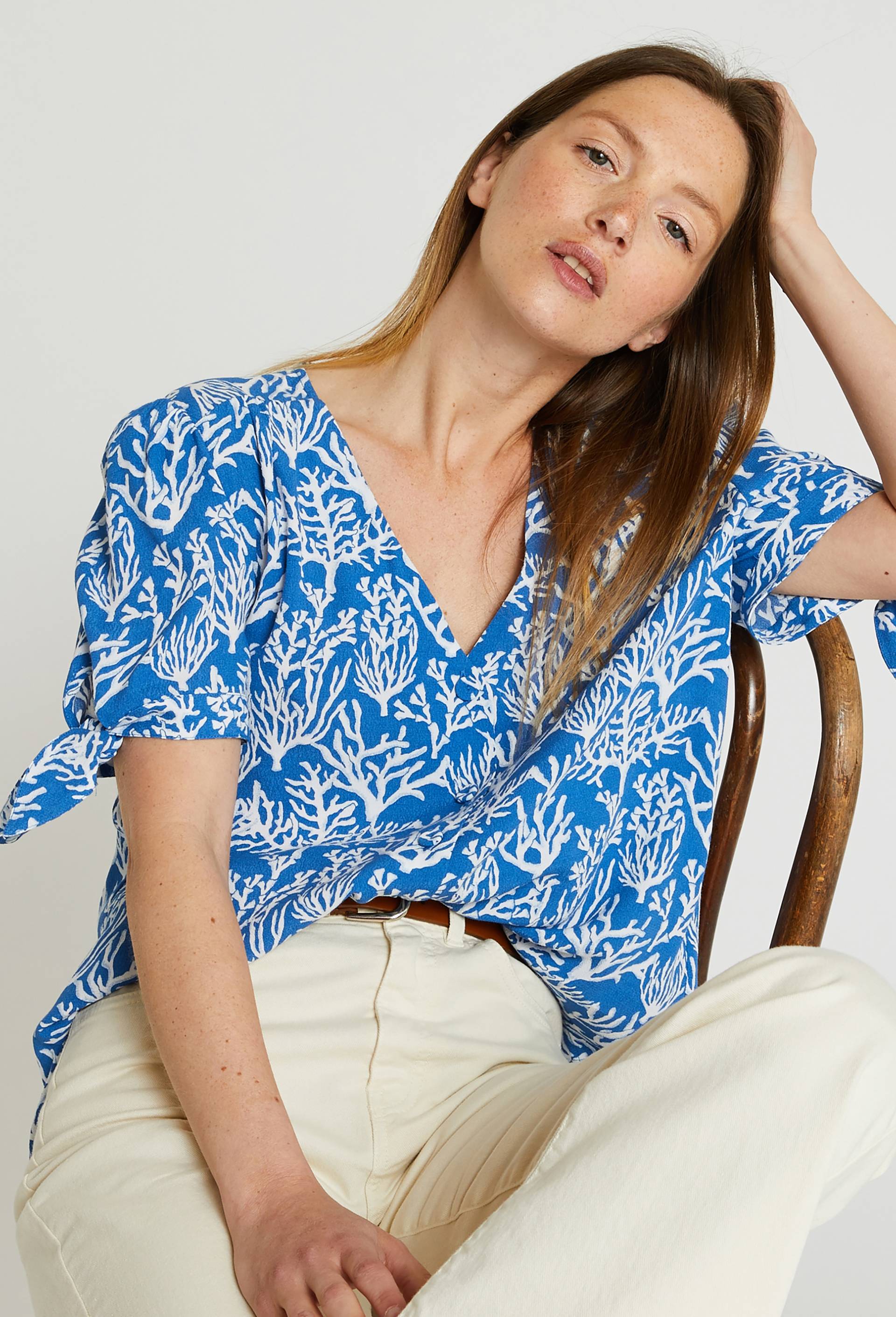 Blouse imprimée à manches courtes, Bleu, large image number 0.0