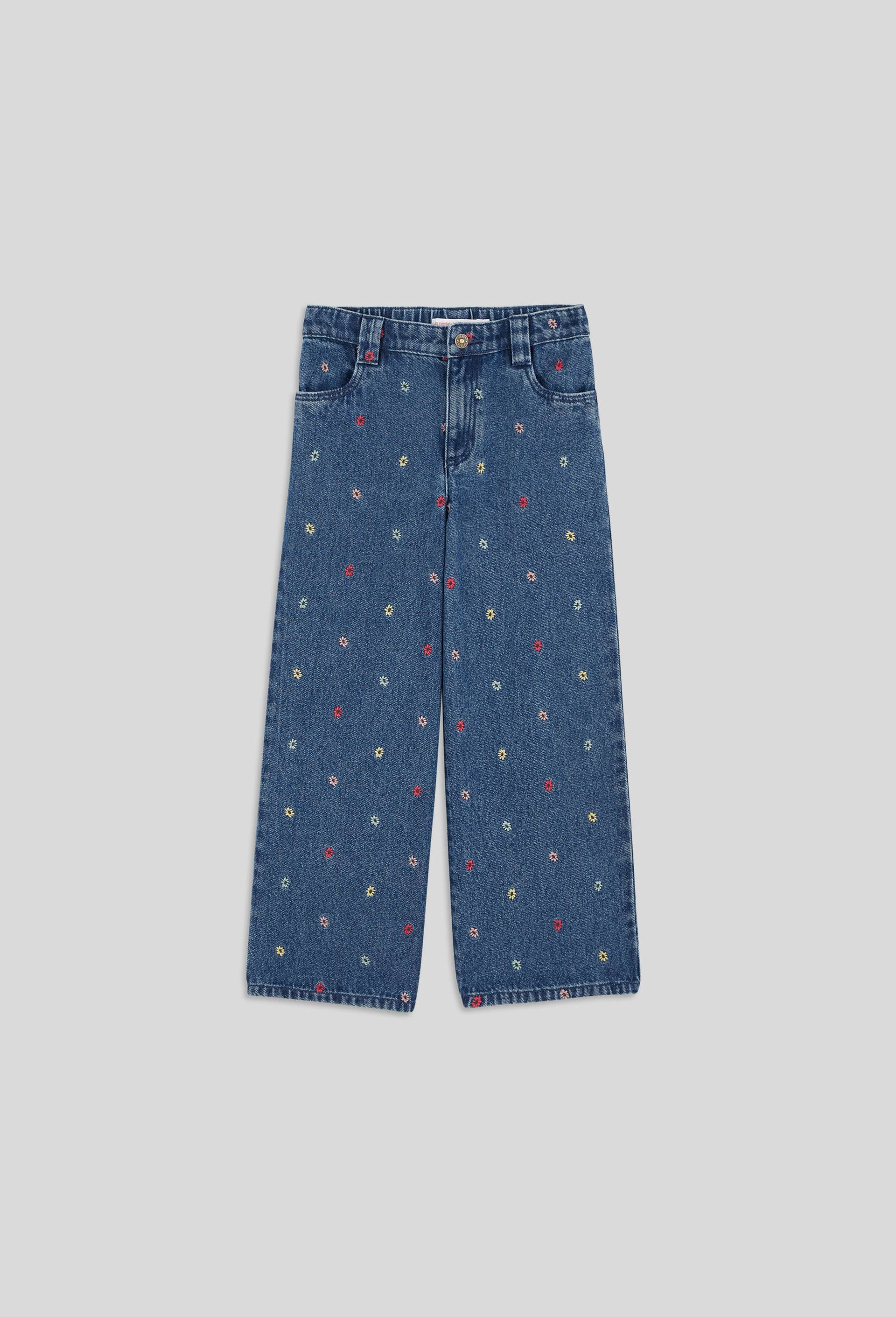 Jean large brodé en coton, certifié OEKO-TEX, Bleu foncé, large image number 0.0