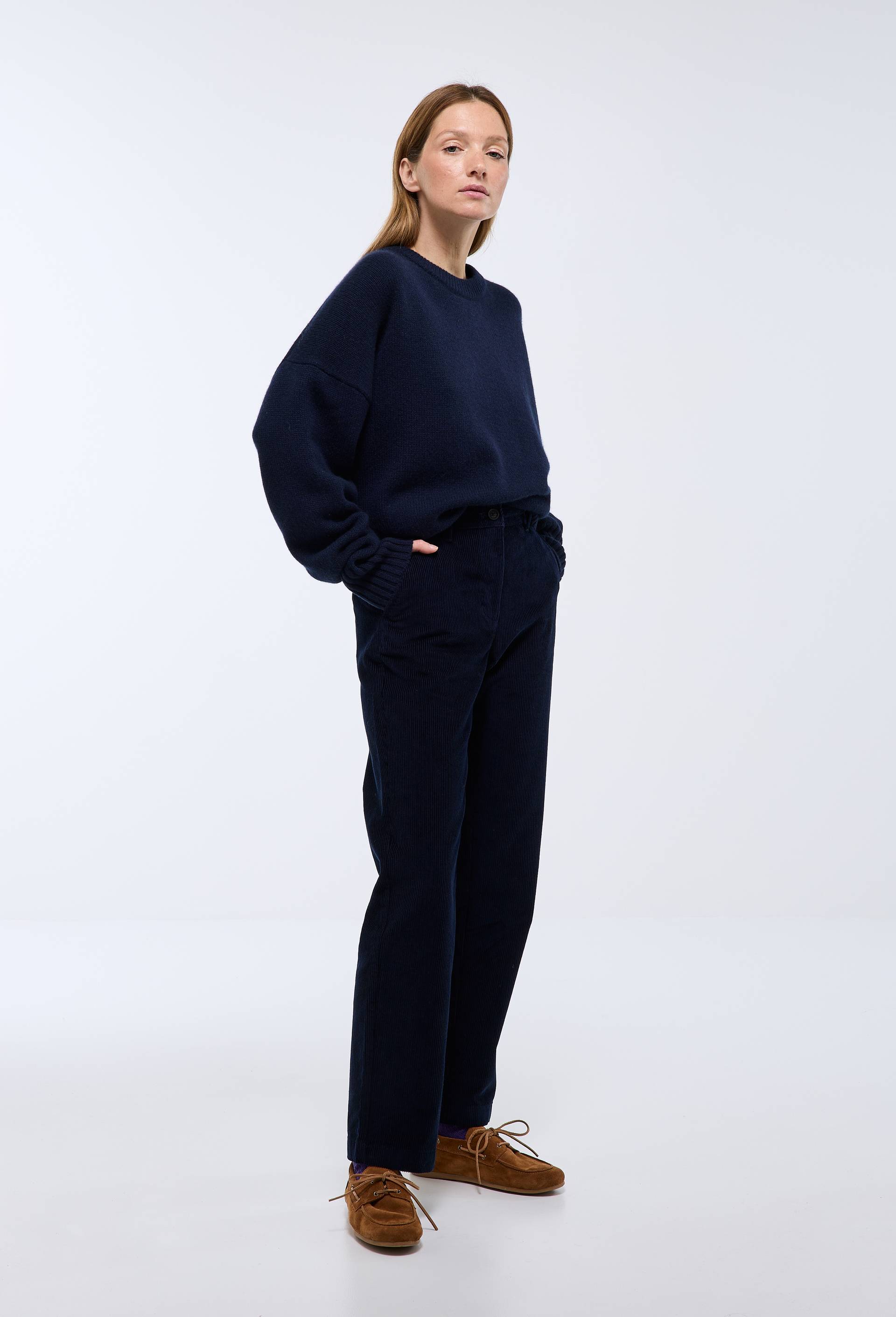 Pantalon en velours droit en coton BIO GOTS, Bleu fonc&eacute;, swatch image