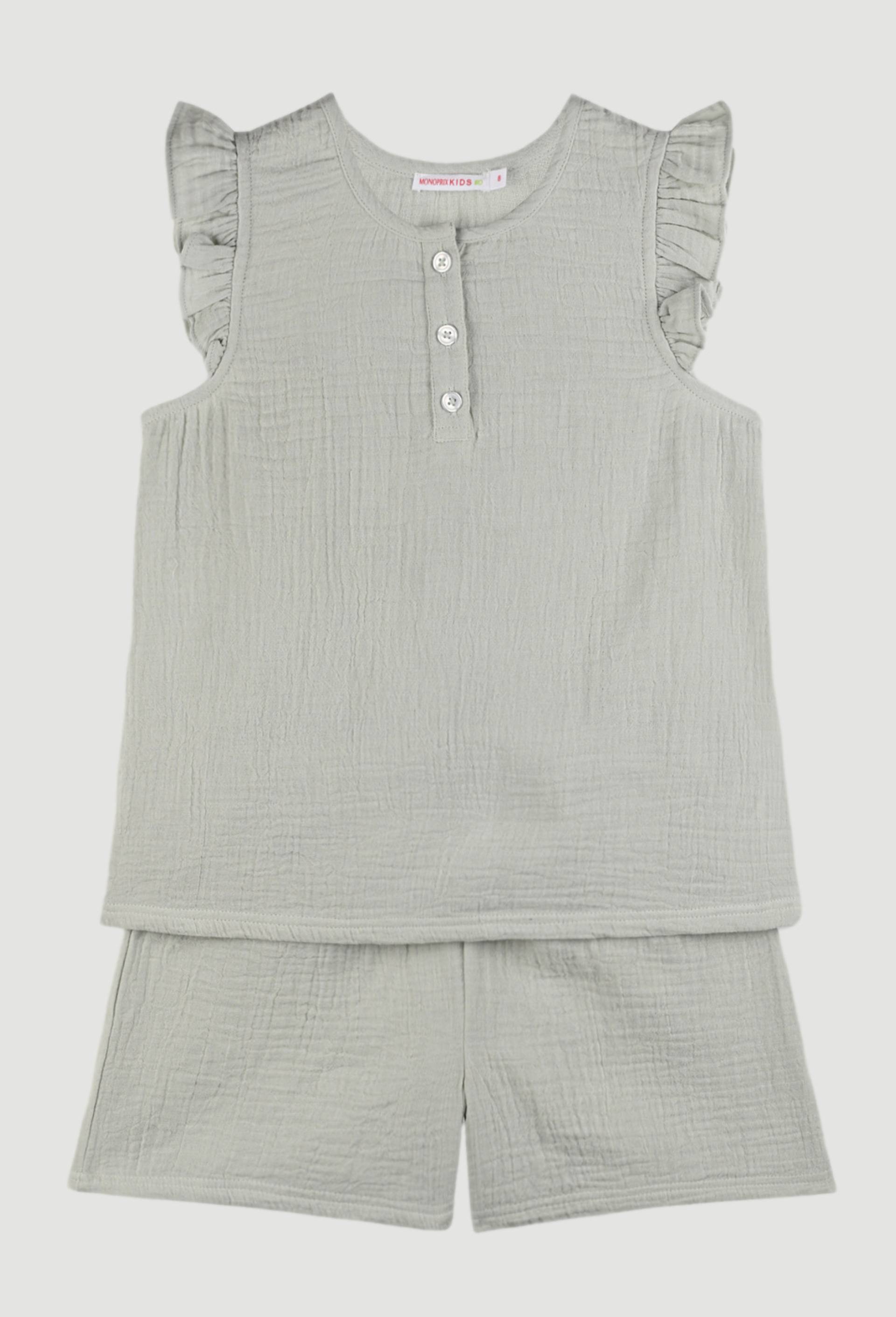 Pyjama débardeur court avec épaules volantées uni en gaze de coton BIO, Vert clair, swatch image